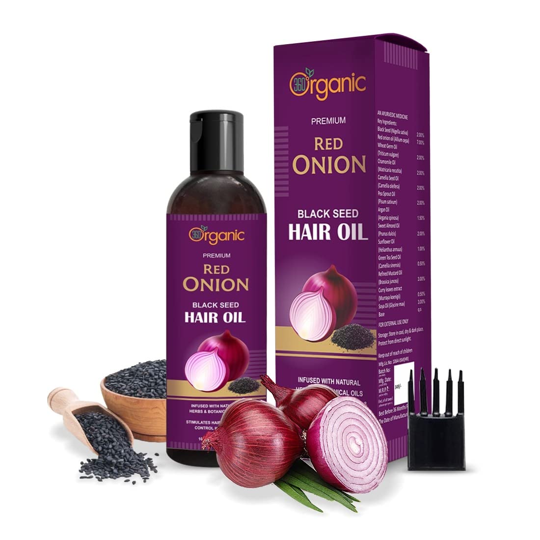 Organic Red Onion & Black Seed Hair Oil with Comb Applicator - 360° Hair Growth Treatment for Hair Fall Control, Strengthens & Nourishes Hair (100ml) - Perfect for Daily Scalp Massage & Damaged Hair Repair