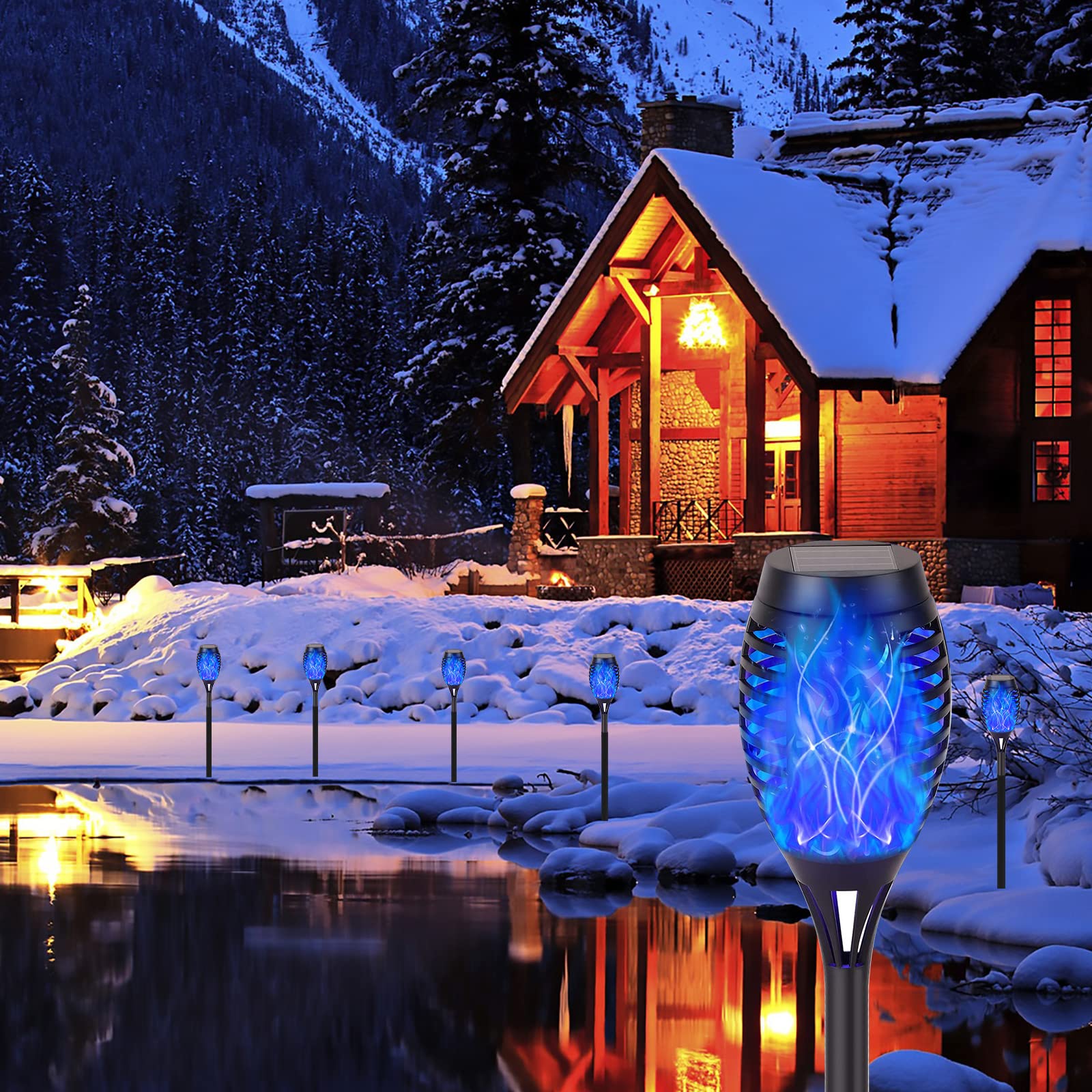 6 Pack Solar Lights Torches - Blue LED Flickering Flame Outdoor Waterproof Pathway Lights for Garden, Yard & Patio | Solar Powered Auto On/Off Landscape Lanterns | Perfect for Walkways, Driveways & Poolside Decor