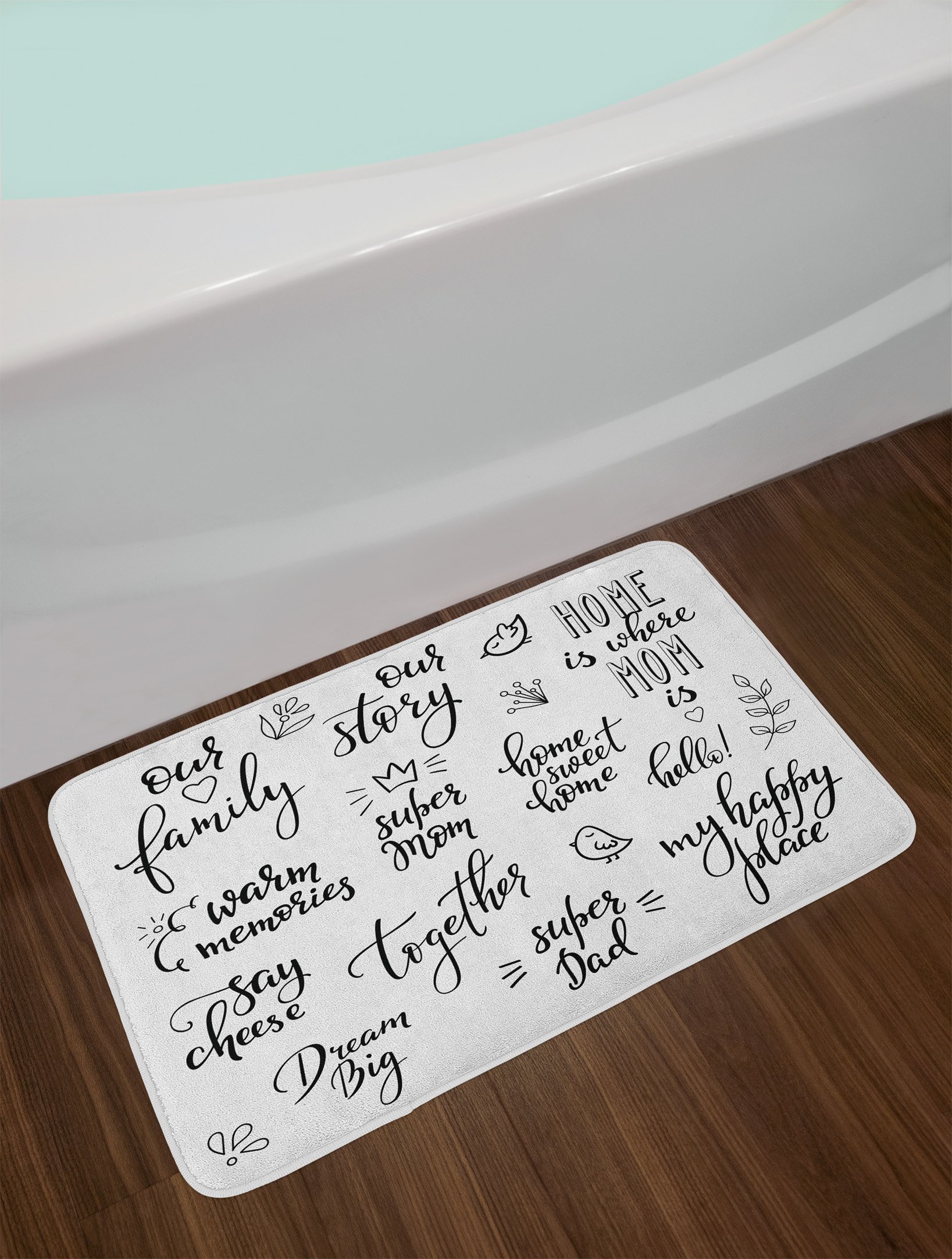 Ambesonne Plush Non-Slip Bath Mat - Calligraphy Family Lettering with Birds & Floral Design, 30