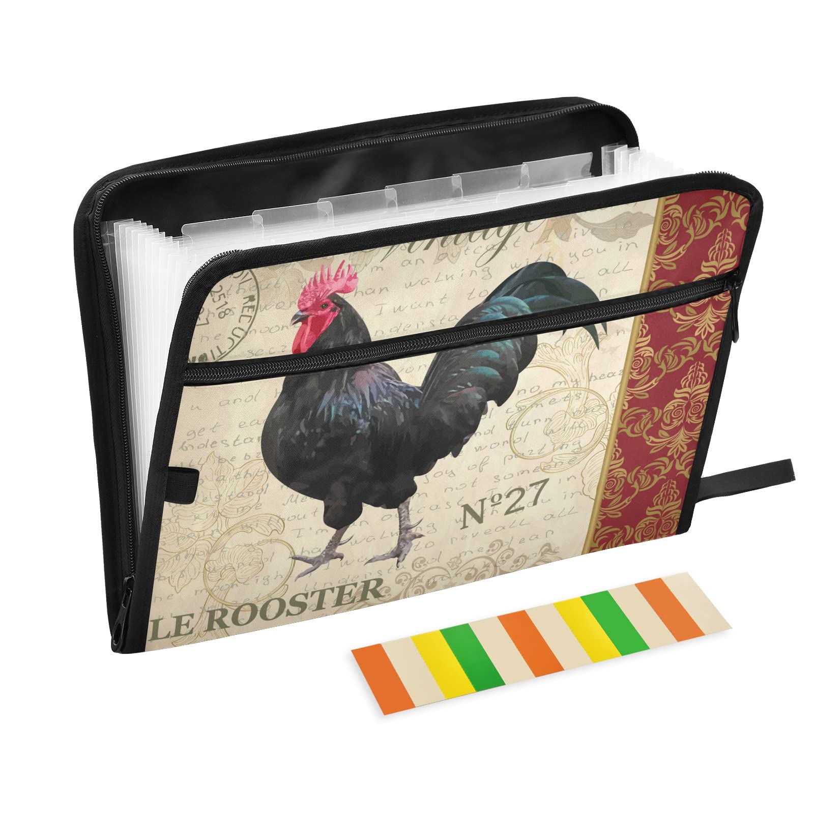 KFBE Black Chicken Expanding File Folder with Sticky Labels - 13 Pocket Accordion Organizer for Letter/A4 Paper - Zippered Document Holder for Office, School, Home & Travel (20811495)