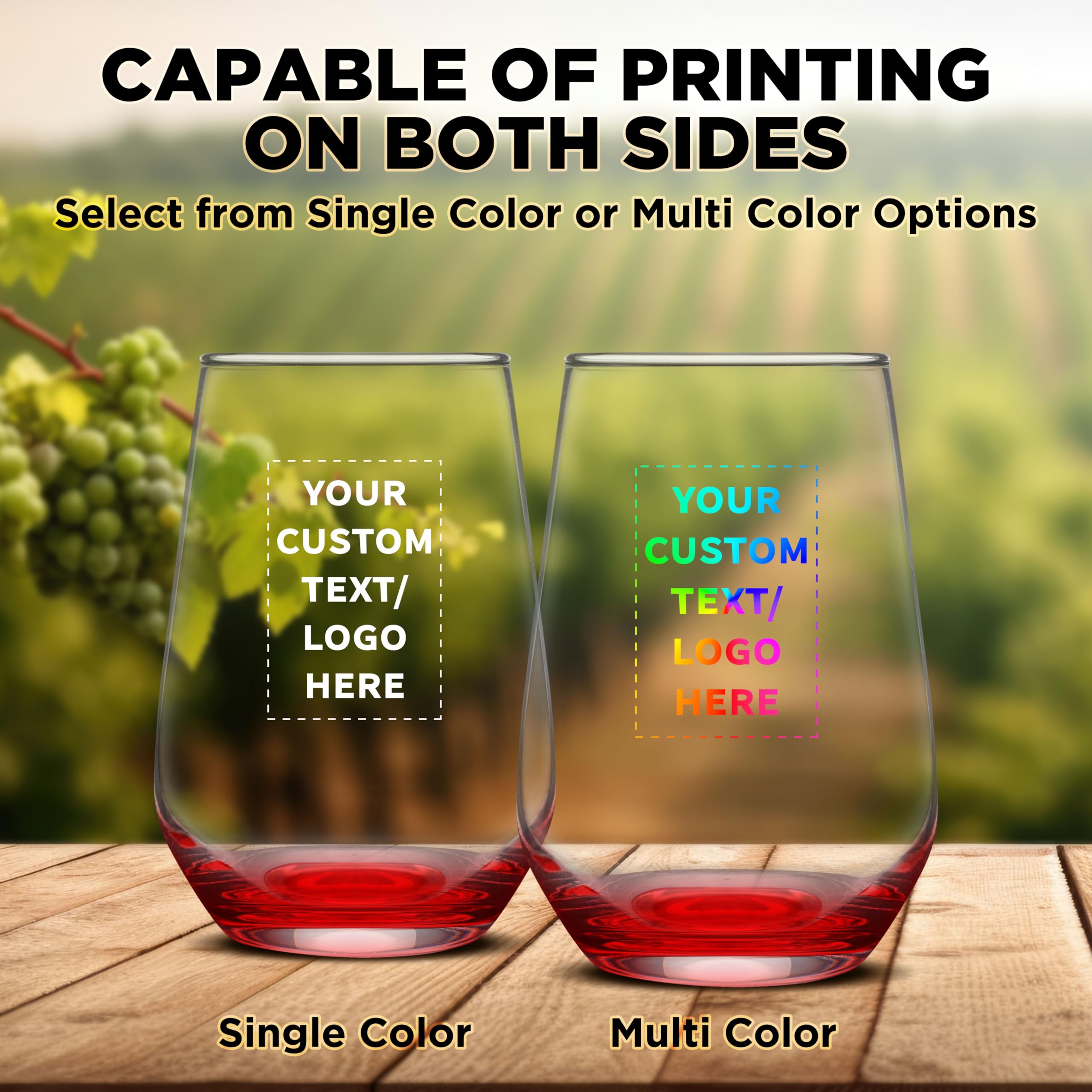 50 Pack Stemless Wine Glasses Set - 16oz Clear Orb-Like Silica Cups with Thick Base - Personalized Text/Logo Engraving - Perfect for Weddings, Parties & Corporate Events