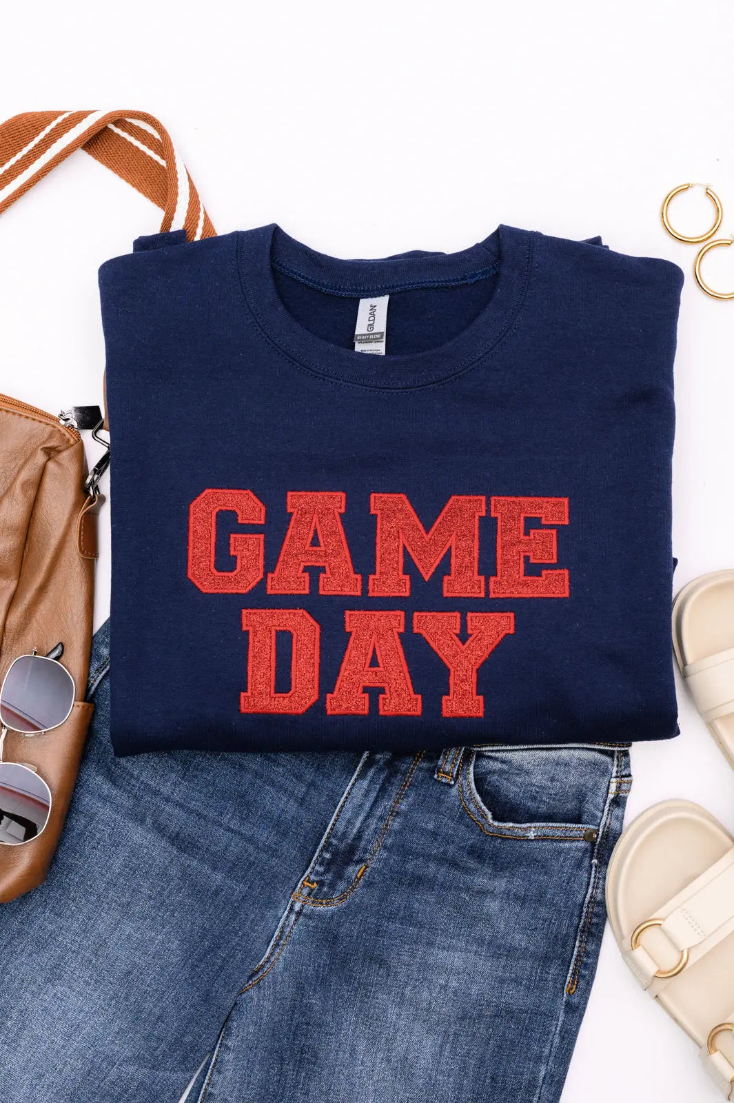 PREORDER: Embroidered Glitter Game Day Sweatshirt - Navy/Red - Perfect for Football Tailgates, College Parties & Sports Fan Apparel