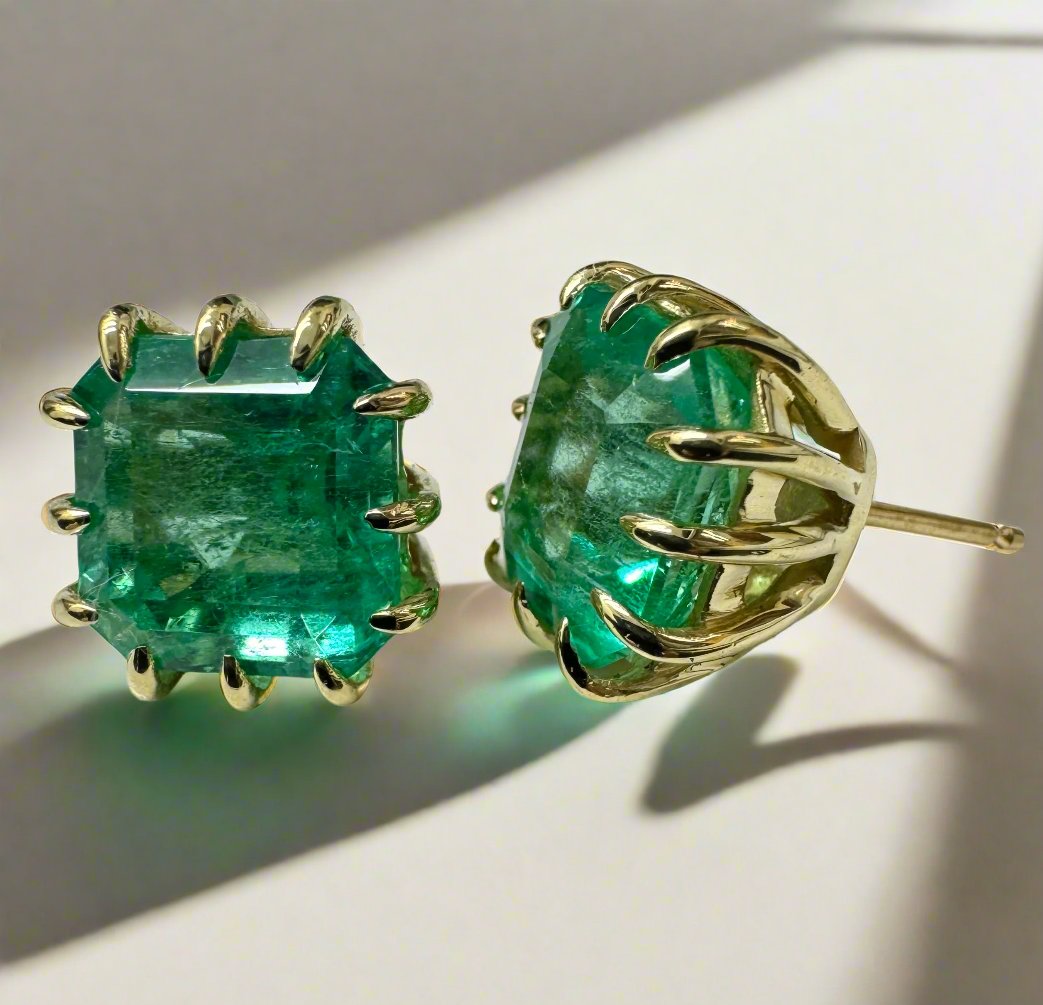 8.56tcw Colombian Emerald Multi Prong 18K Gold Statement Stud Earrings - Perfect for Weddings, Parties & Special Occasions
