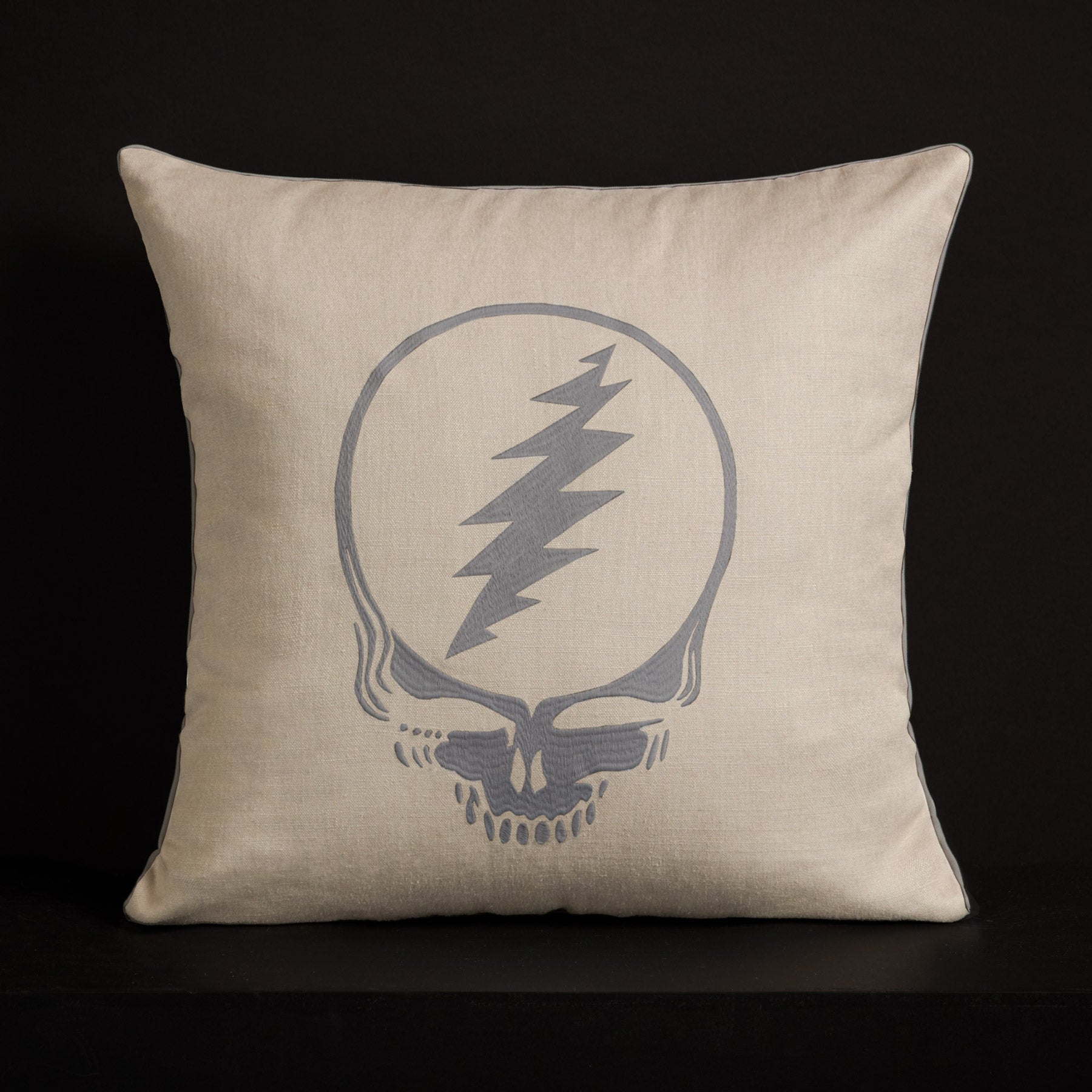 Grateful Dead Throw Pillow with Piping - Natural Grey Cotton Cushion Cover for Sofa, Bed, Couch Decor - Hippie Boho Home Accessories