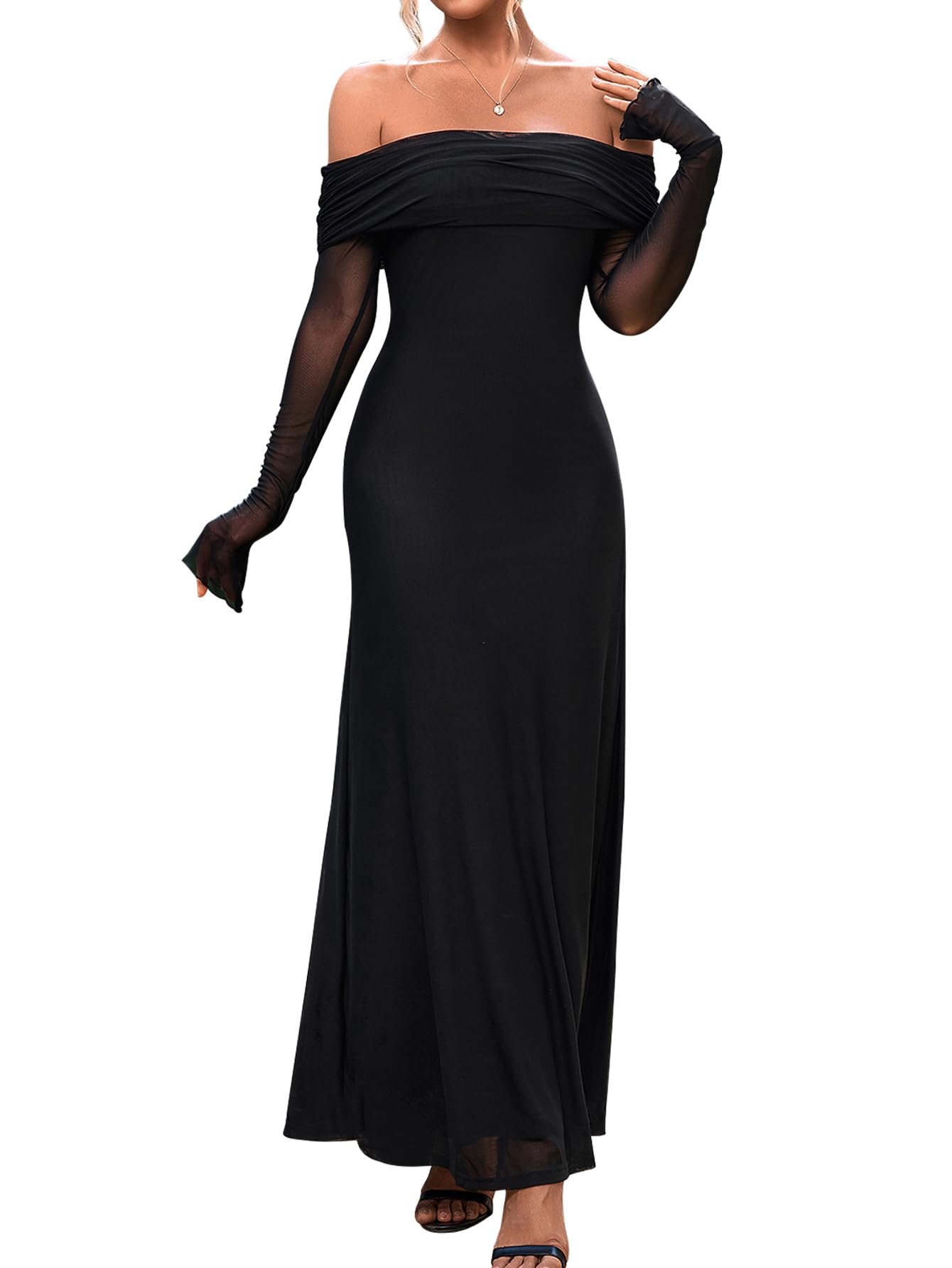 KUTUMAI Women's Off Shoulder Bodycon Maxi Dress - Long Sleeve Mesh Ruched Party Gown for Wedding Guest, Evening Events & Formal Occasions