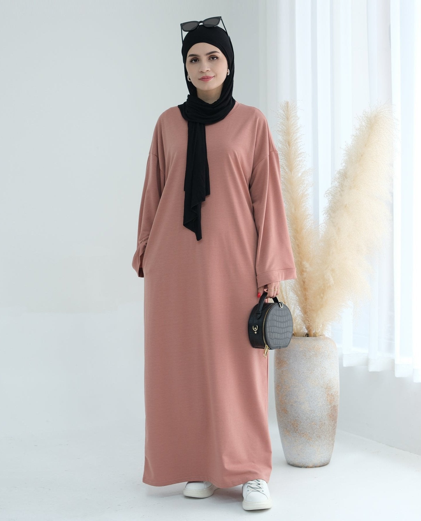 Ava Knit Maxi Dress for Women - Flowy Long Sleeve Elegant Midi Dress in Salmon Pink | Perfect for Weddings, Parties & Casual Outings