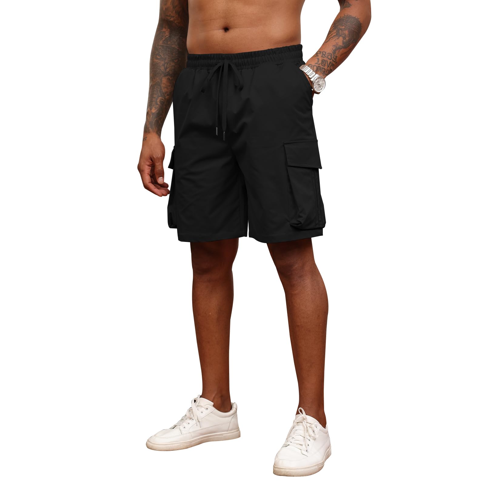 Men's Casual Cargo Shorts with Drawstring Elastic Waist - Breathable Cotton Athletic Workout Shorts for Outdoor Hiking, Gym & Travel - Multi-Pocket Utility Pants for Summer Activities