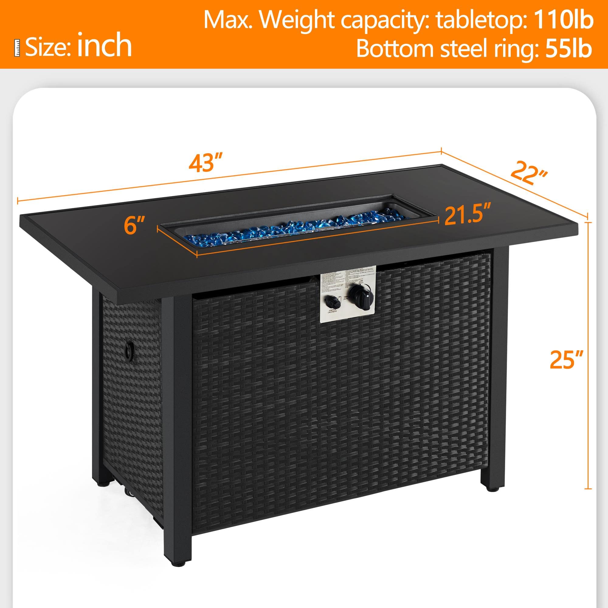 Topeakmart 43 Inch Outdoor Propane Fire Pit Table - 50,000 BTU Gas Fire Pit with Tempered Glass Top & Rattan Wicker Base - Includes Fire Glass Stones - Perfect for Patio, Garden, Backyard, Deck & Outdoor Parties - 2-in-1 Heating & Entertainment Solution