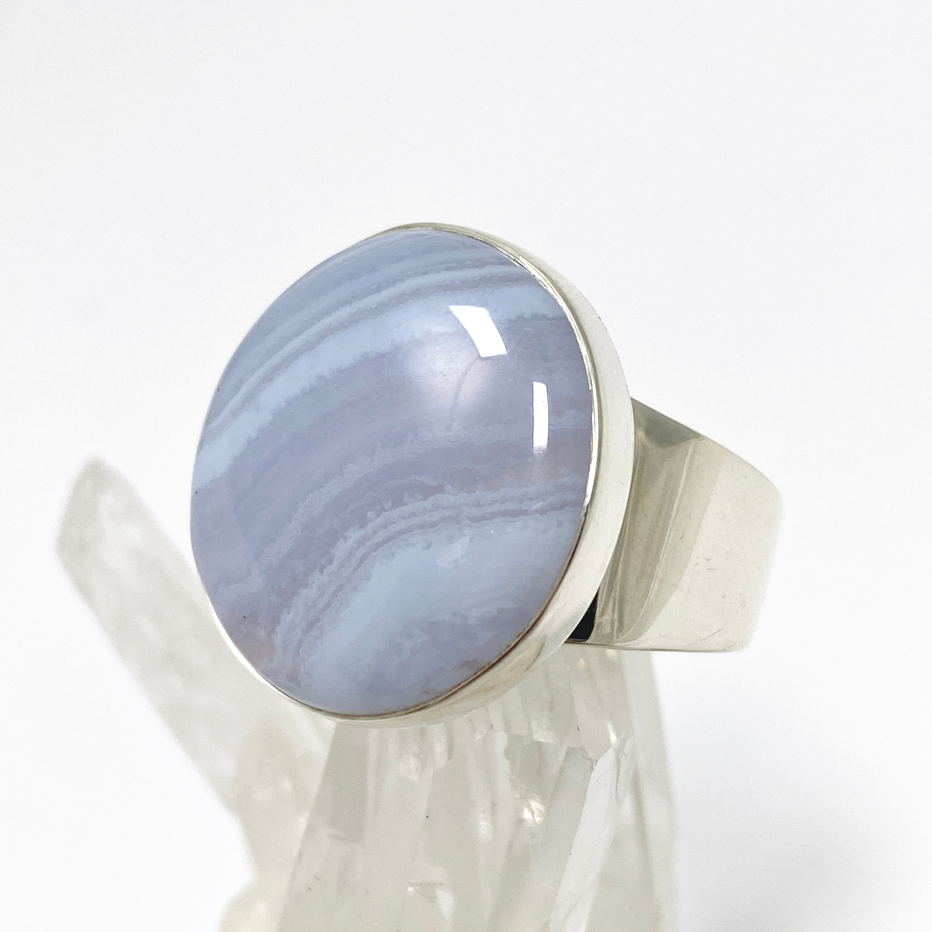 Blue Lace Agate Round Cabochon Ring - Size 11 - KRGJ3371 - Elegant Handmade Jewelry for Women, Perfect for Weddings, Parties & Everyday Wear