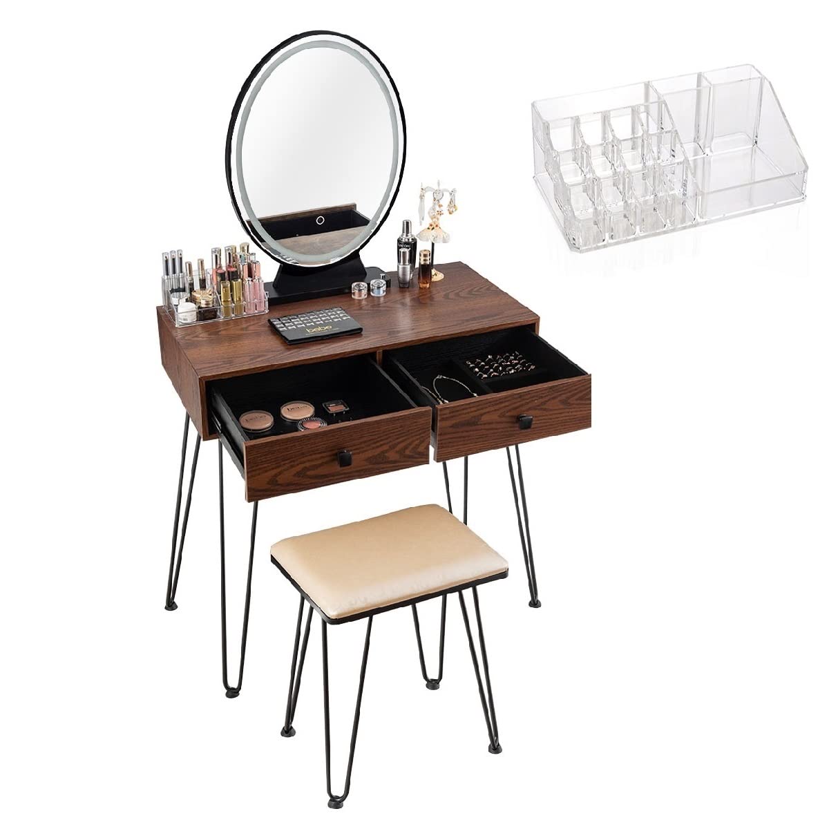 Modern Vanity Table Set with Lighted Oval Mirror & Cushioned Stool - 3-Color Touch Screen Makeup Organizer, Steel Legs, Walnut Finish - Perfect for Bedroom, Bathroom, or Dressing Room Makeup Station