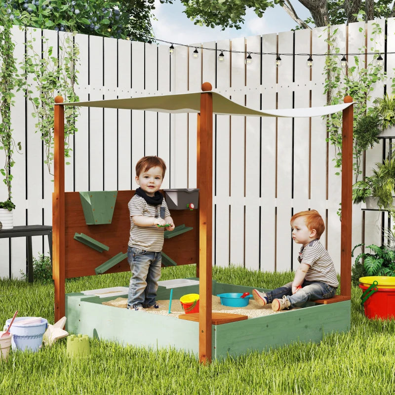 Qaba Wooden Kids Sandbox with Canopy - Outdoor Play Sand Box with Sand Wall & Bottom Liner - Large 46x44x50 Inch Sandpit for Toddlers Ages 3-6 - Green Backyard Sandbox for Garden, Patio & Playground Fun