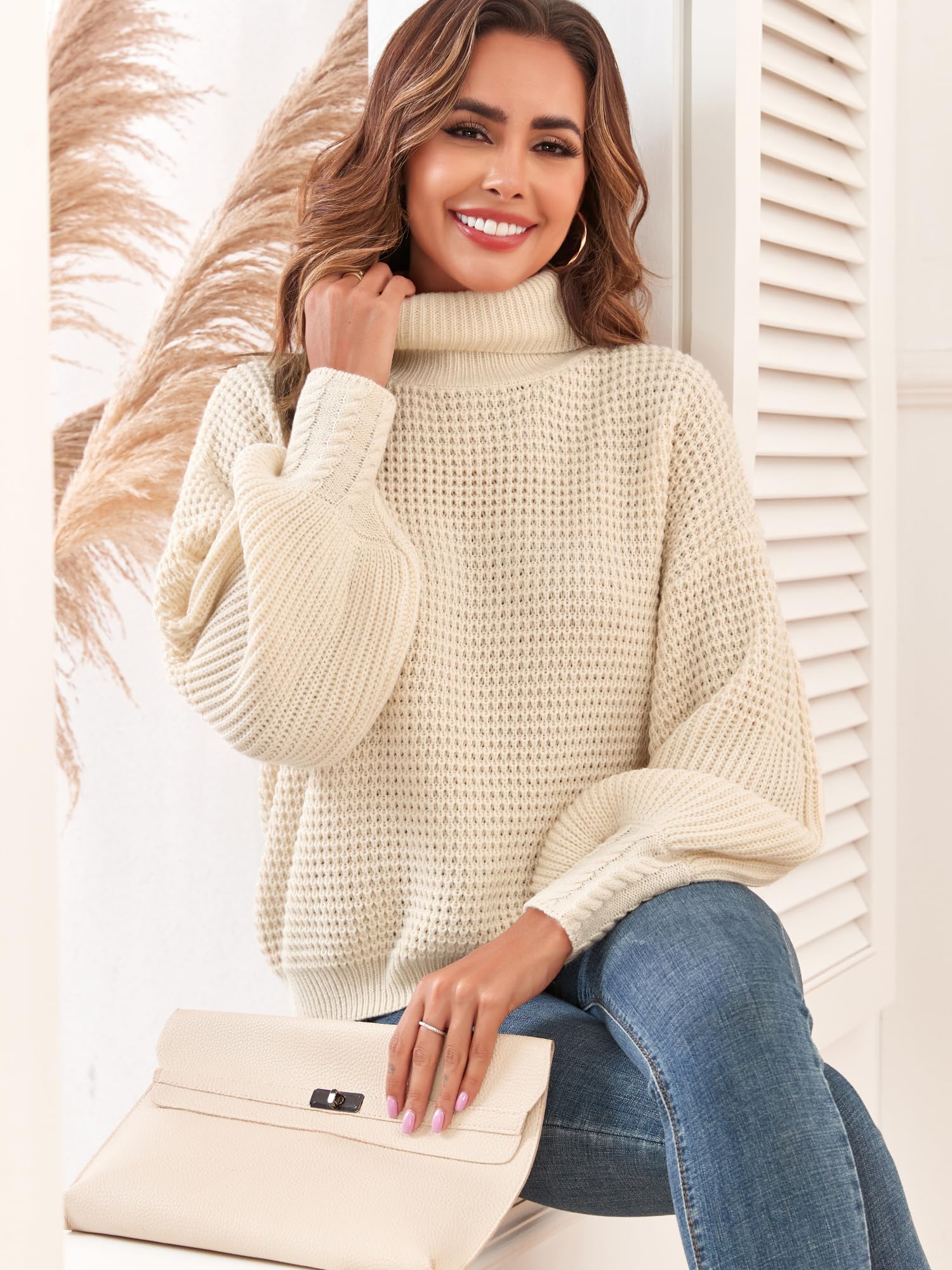 Women's Oversized Turtleneck Sweater - Long Lantern Sleeve Waffle Knit Pullover Jumper Top for Winter Warmth & Casual Outfits | Perfect for Office, Date Night & Holiday Gatherings