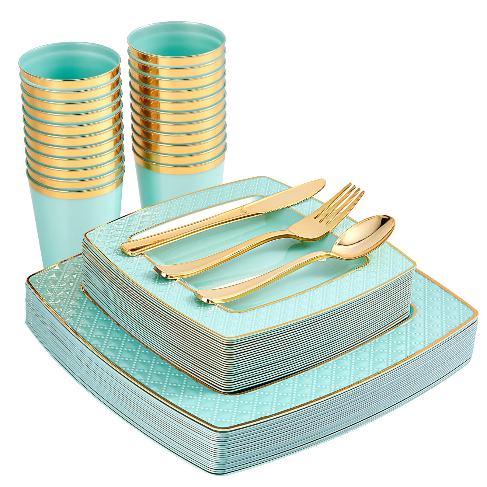 150-Piece Disposable Dinnerware Set - 25 Square Plastic Plates, 25 Dessert Plates, 25 Gold Plastic Cutlery, 25 Cups | Elegant Square Party Tableware for Weddings, Birthdays & Events | Perfect for Catering, BBQs, Picnics & Large Gatherings