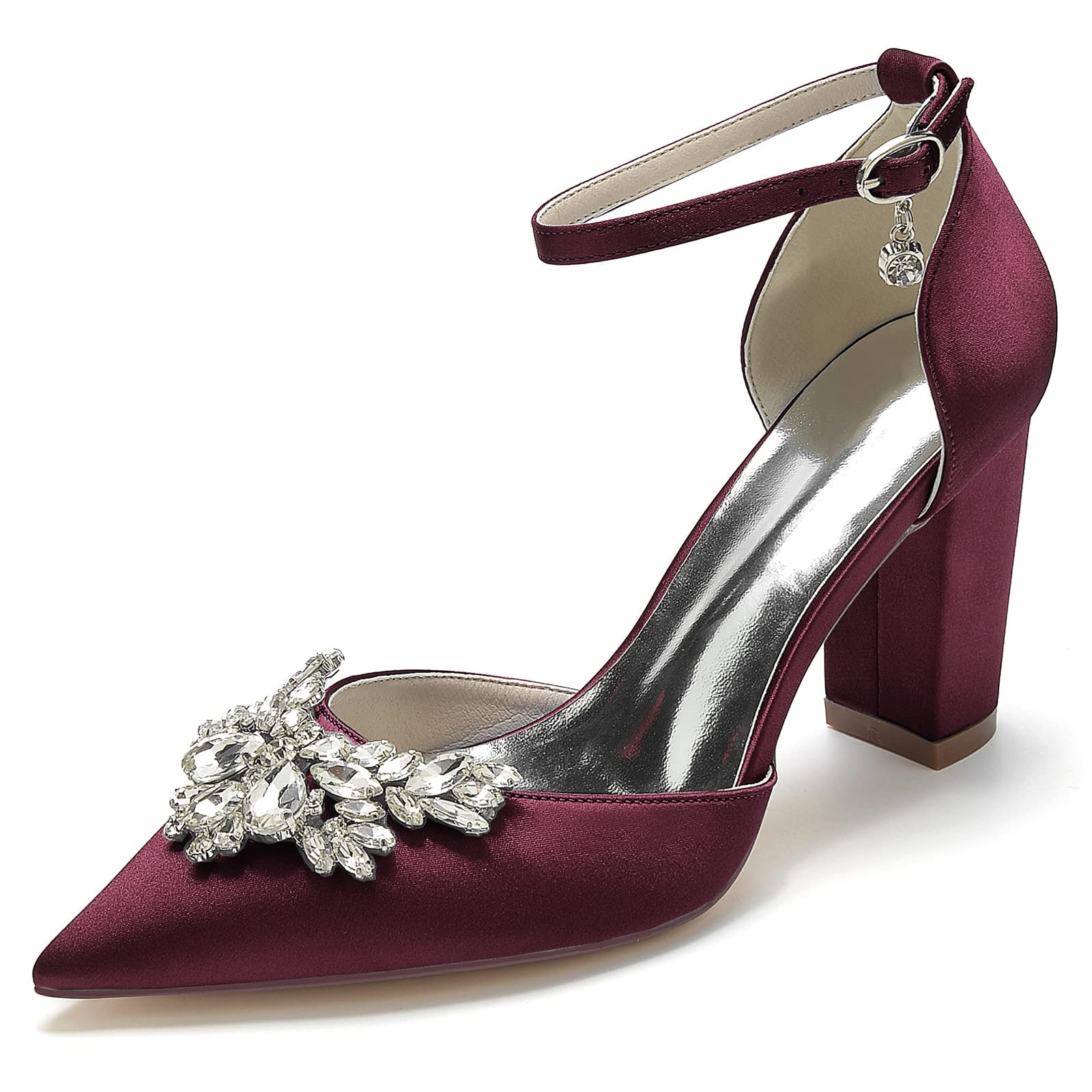 COMFASH 3.3 Inch Closed Toe Wedding Shoes for Bride - Chunky Heel Satin Pumps with Rhinestones - Burgundy Bridal Party Dress Shoes Size 7.5 - Perfect for Weddings, Evening Parties, Prom and Formal Occasions