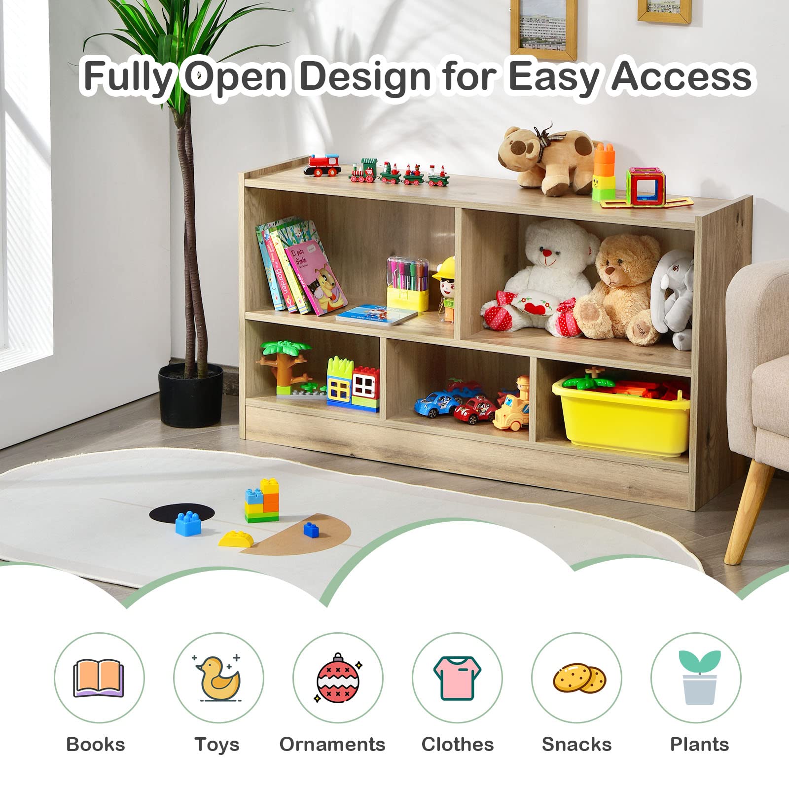 HONEY JOY 5-Section Wooden Kids Toy Storage Organizer - 2-Tier Open Shelf for Preschool, Daycare & Kindergarten - Natural Wood Book & Toy Display for Classroom, Playroom, Nursery - Perfect for Organizing Toys, Books and Learning Materials in Educational Spaces