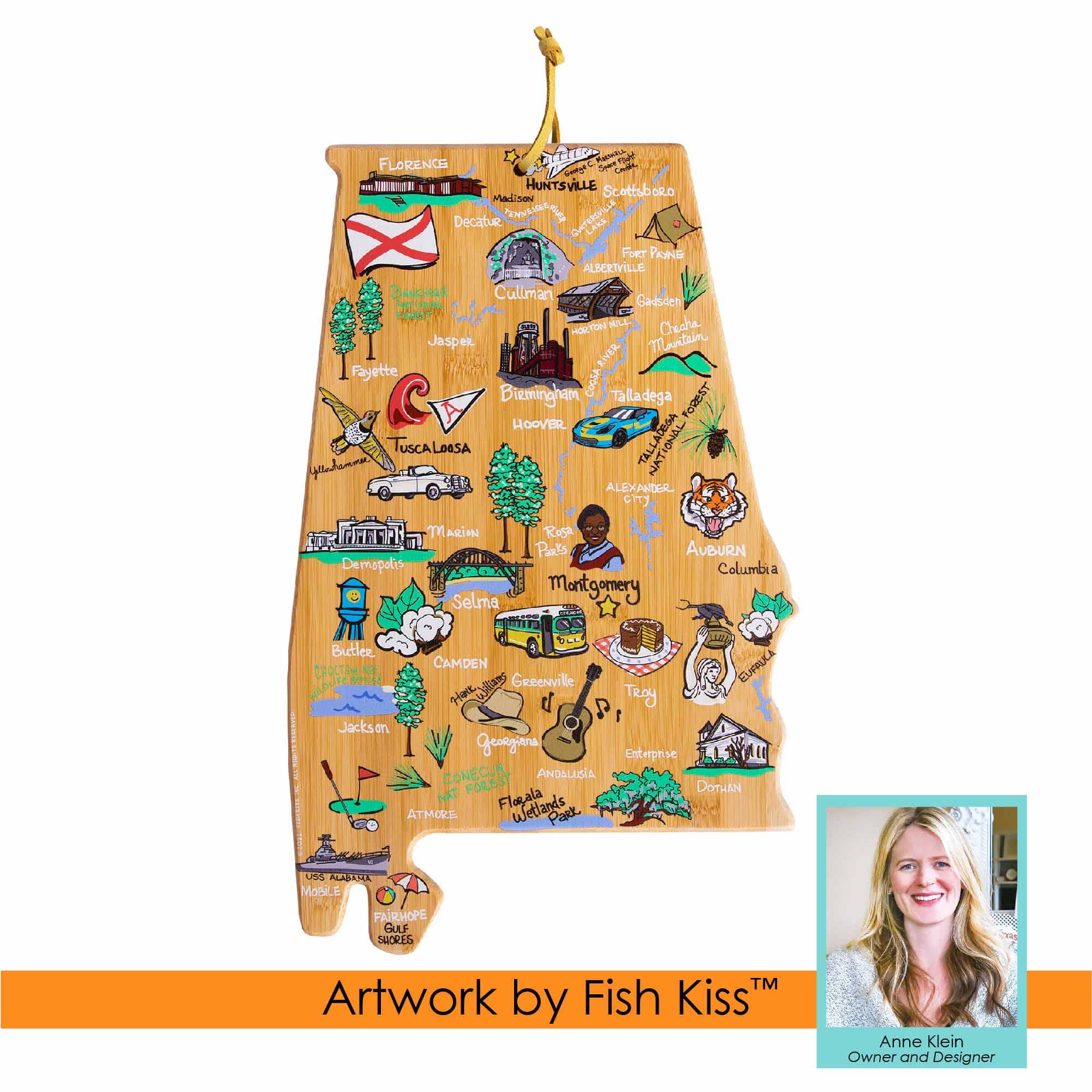 Premium Alabama Wood Cutting Board with Fish Kiss™ Artwork - Durable Kitchen Chopping Board for Meat, Vegetables & Cheese - Perfect for Home Cooking & Gift Giving
