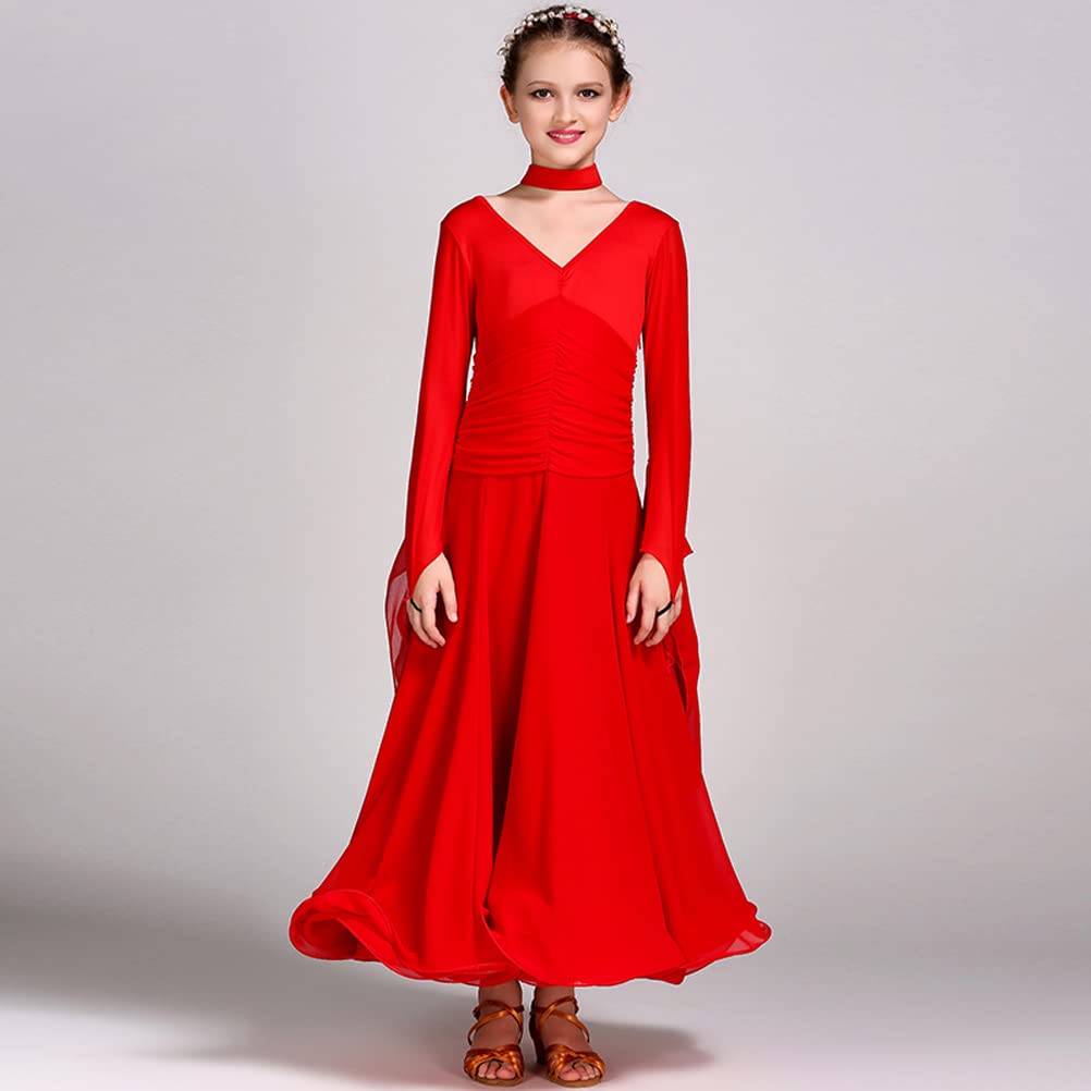 Elegant Kids Long Sleeve Ballroom Dance Dress with Floating Yarn Design - Competition & Performance Outfit for Girls - Perfect for Ballet, Waltz, and Formal Events