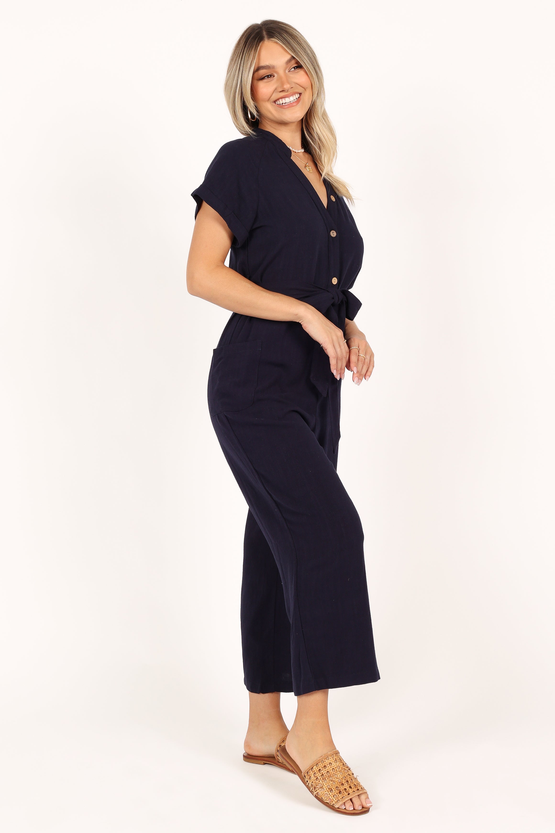 Archie Women's Navy Blue Jumpsuit - Casual One Piece Romper for Summer Outings, Beach Vacations & Everyday Wear