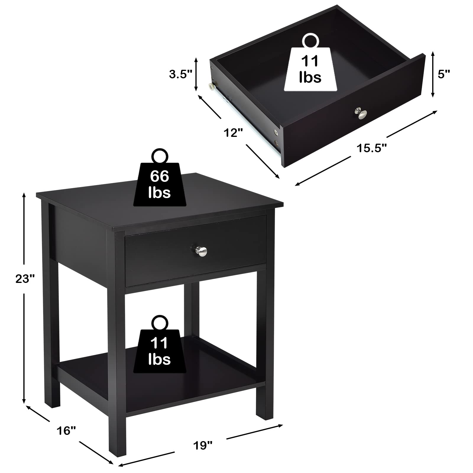 Giantex Nightstand Set of 2, Wooden End Tables with Drawer & Open Shelf - Space-Saving Bedside Tables for Small Spaces - 2-Tier Night Stand for Bedroom, Living Room & Dorm - Easy Assembly Black - Perfect for Storing Books, Lamps & Bedroom Essentials