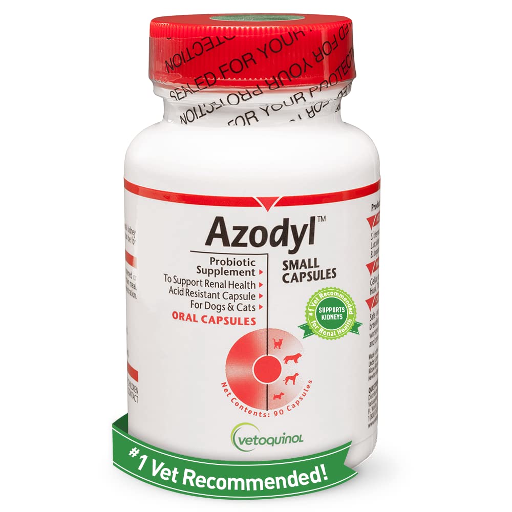 Vetoquinol Azodyl Kidney Health Supplement for Dogs & Cats - 90 Count Probiotic Capsules | Supports Kidney Function & Renal Toxin Management | Easy-to-Swallow Small Caps for Pet Wellbeing | Ideal for Senior Pets & Animals with Kidney Issues