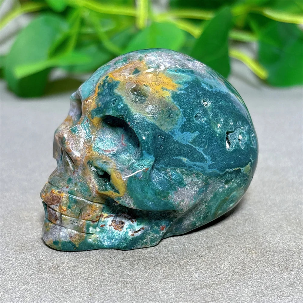 Natural Ocean Jasper Skull Crystal - Healing Quartz Stone for Reiki, Meditation & Spiritual Energy - Handcrafted Home Decor & Unique Gift for Crystal Lovers (Perfect for Yoga Spaces, Altars & Healing Rooms)