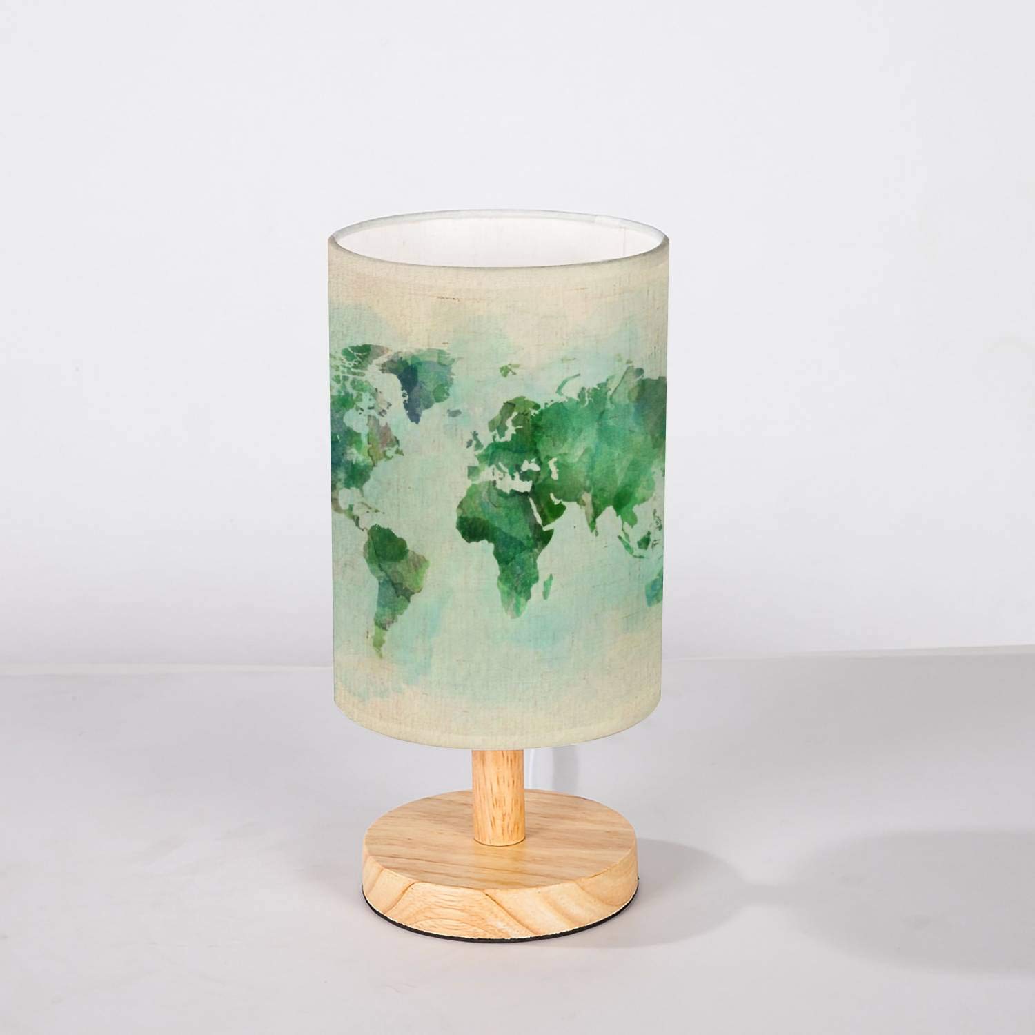 Minimalist Vintage World Map Table Lamp - Solid Wood Base with Flaxen Fabric Shade, Green Watercolor Design for Bedroom, Living Room, Office | Nightstand Lamp, Desk Lamp, Reading Light, Home Decor