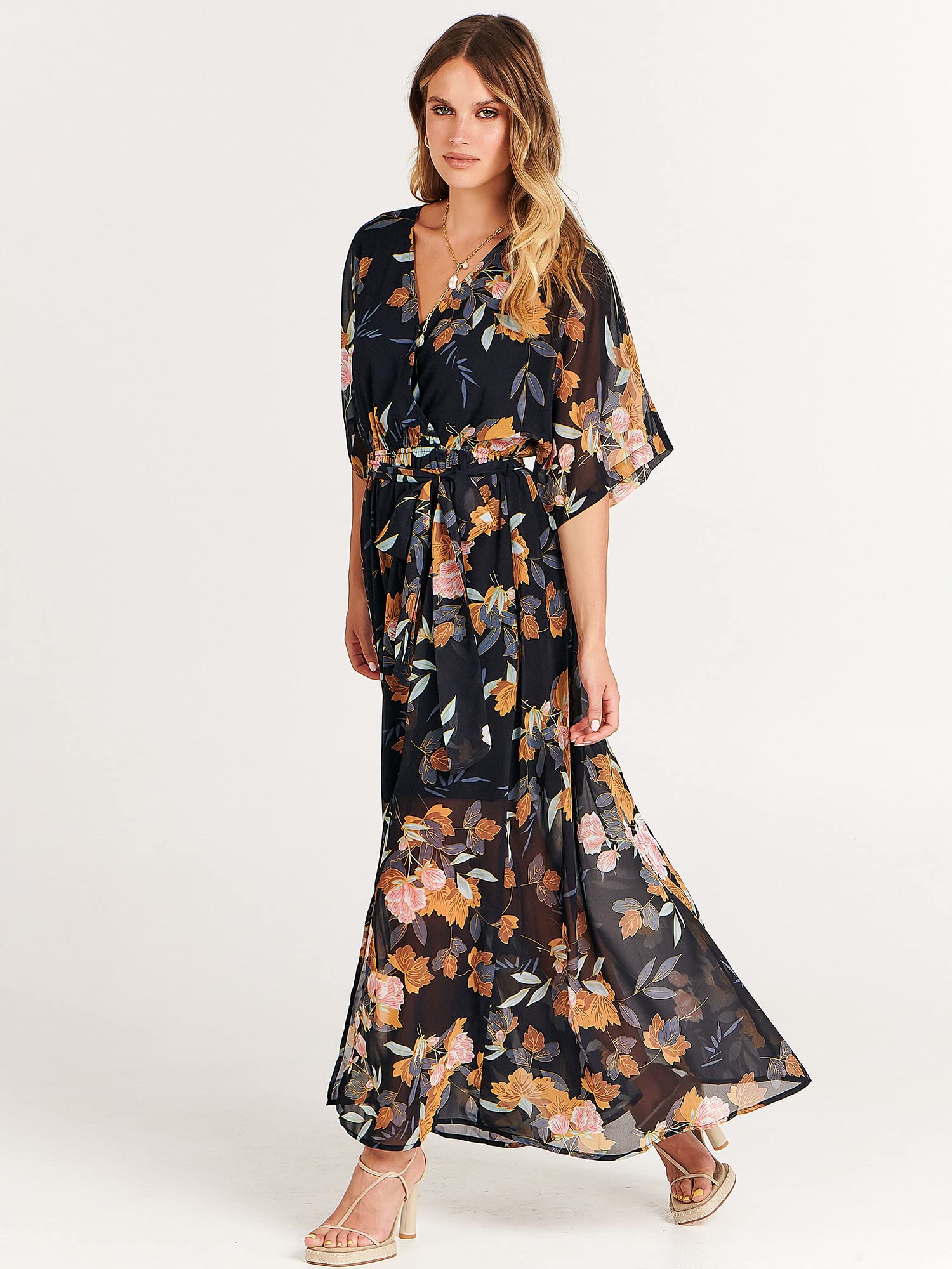 ANRABESS Women's Floral Print Boho Maxi Dress - Loose Wrap V-Neck 3/4 Sleeve Beach Wedding Guest Long Dress for Summer 2024 | Perfect for Vacations, Parties & Casual Outings