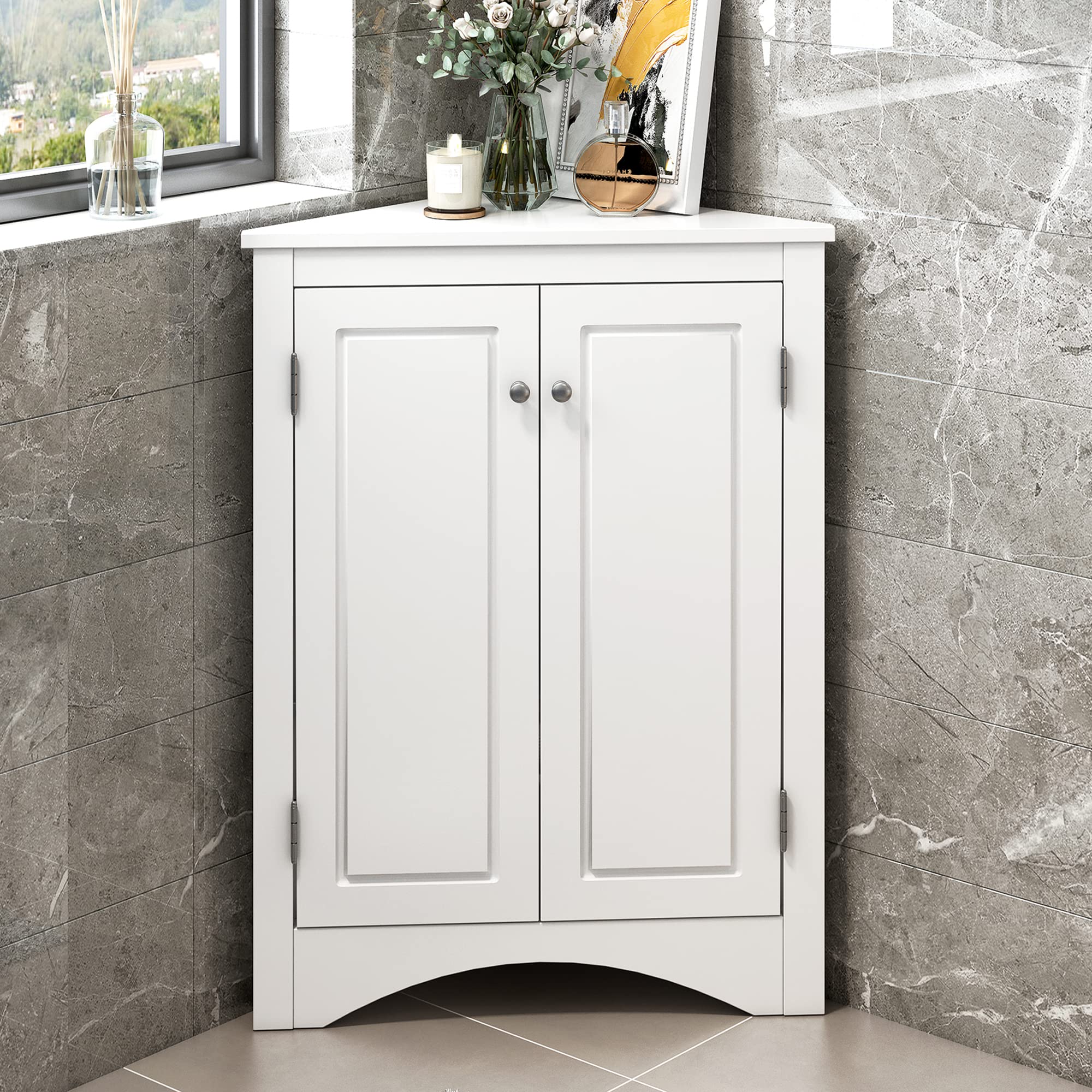 Merax White Freestanding Corner Cabinet with Adjustable Shelves & 2 Doors - Bathroom Storage Organizer for Towels, Toiletries & Cleaning Supplies
