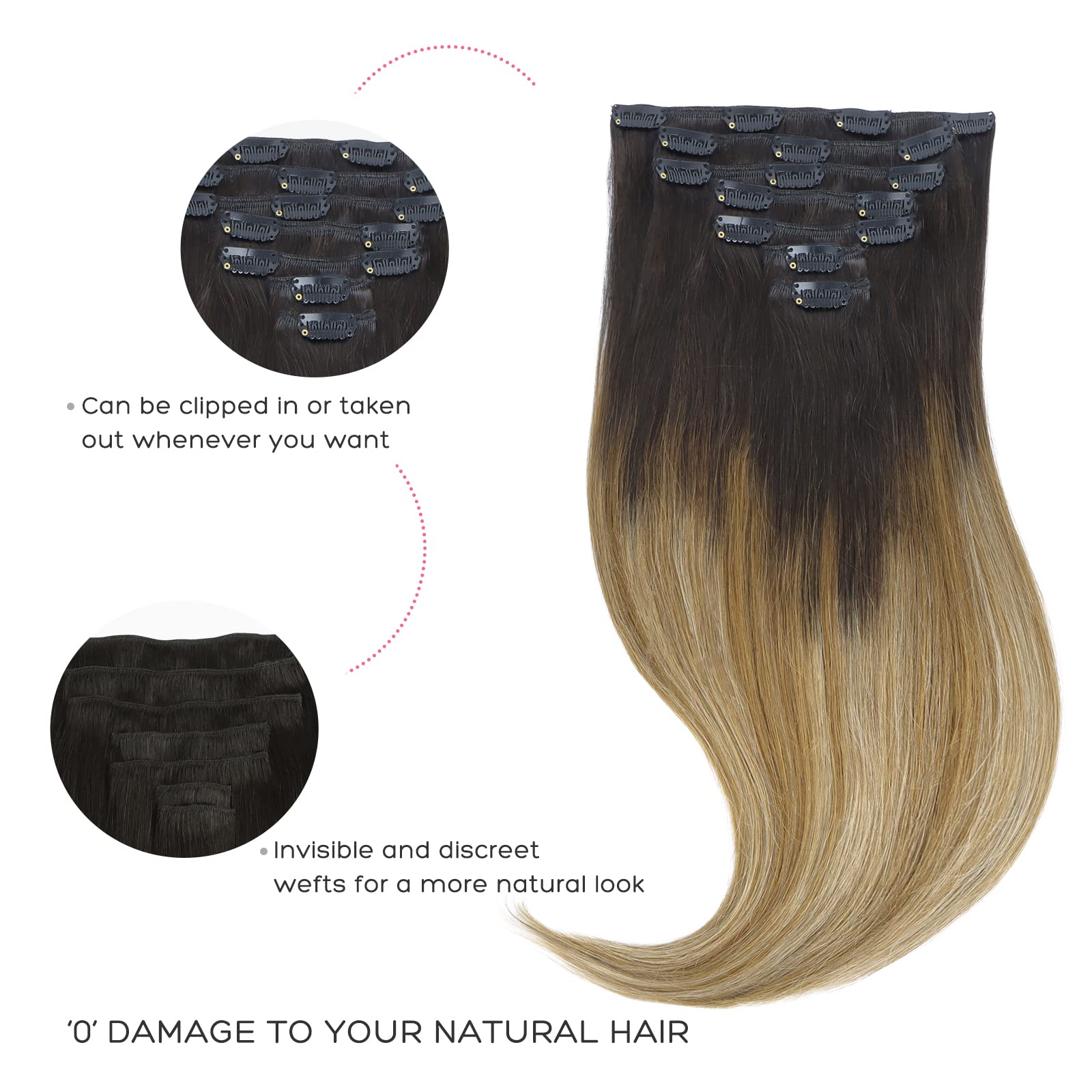 Marat Clip in Human Hair Extensions 20 Inch - Dark Brown to Chestnut Brown & Dirty Blonde Straight Hair Weft 120g | Natural Looking Hair Extensions for Volume & Length | Perfect for Parties, Weddings & Daily Styling