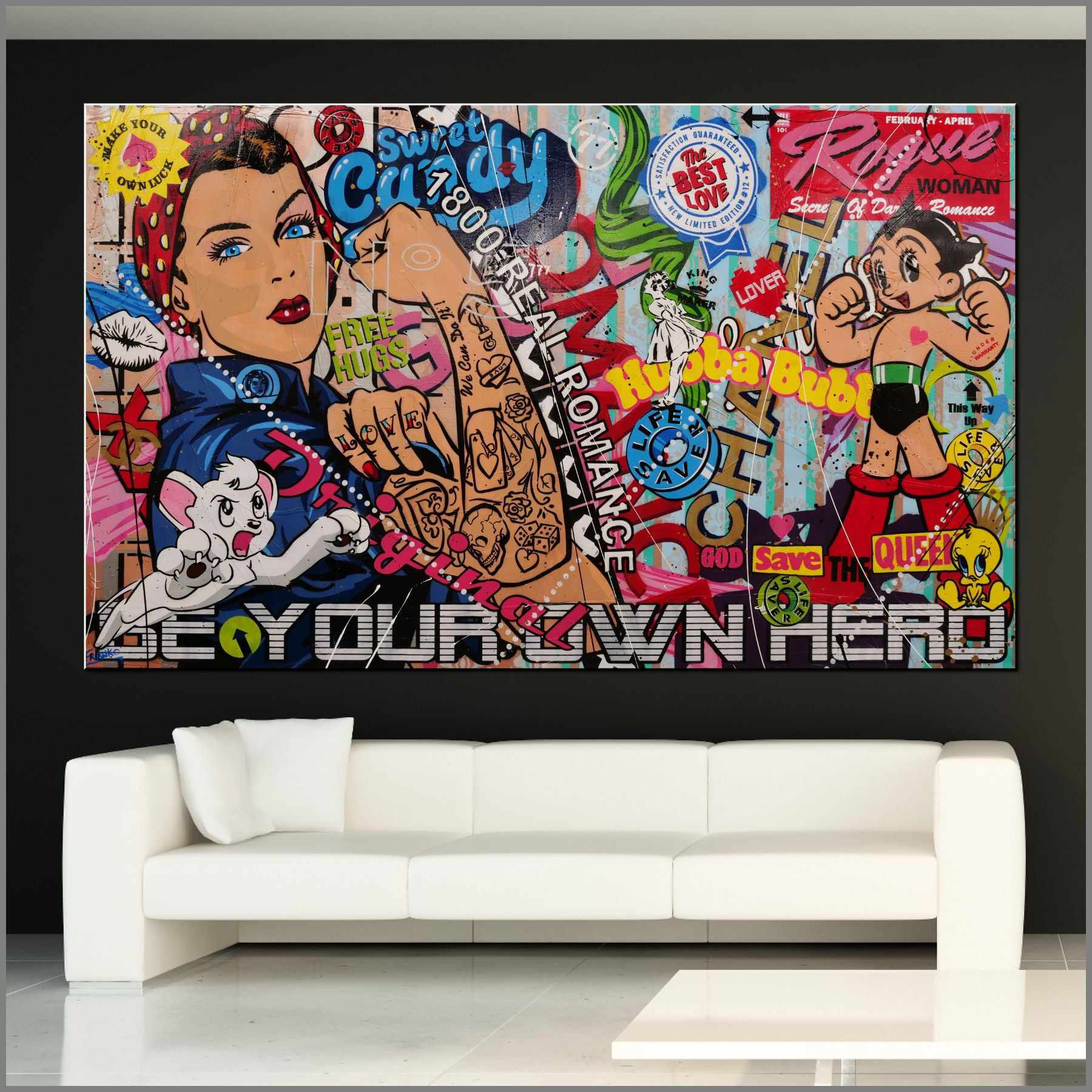 Rosie The Riveter Textured Urban Pop Art Painting - 250cm x 150cm Canvas Wall Decor for Home & Office | Inspirational Feminist Artwork | Vintage Industrial Style