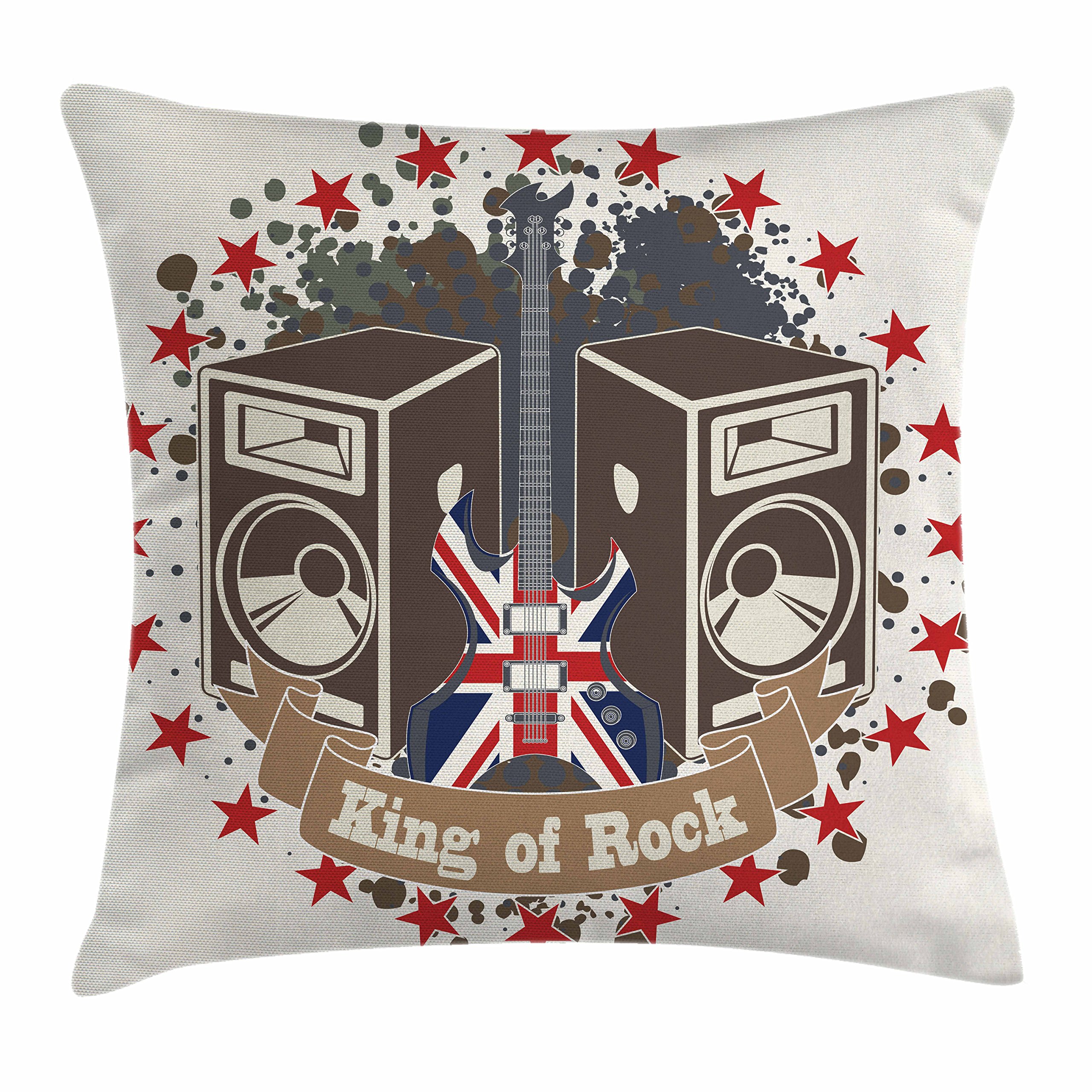 Ambesonne Popstar Party Throw Pillow Cover 40x40 Inches - Rock Emblem with Speakers, Stars & Electric Guitar Design, British Flag Print, Multicolor Square Decorative Cushion Case for Living Room, Bedroom, Music Lover Gift