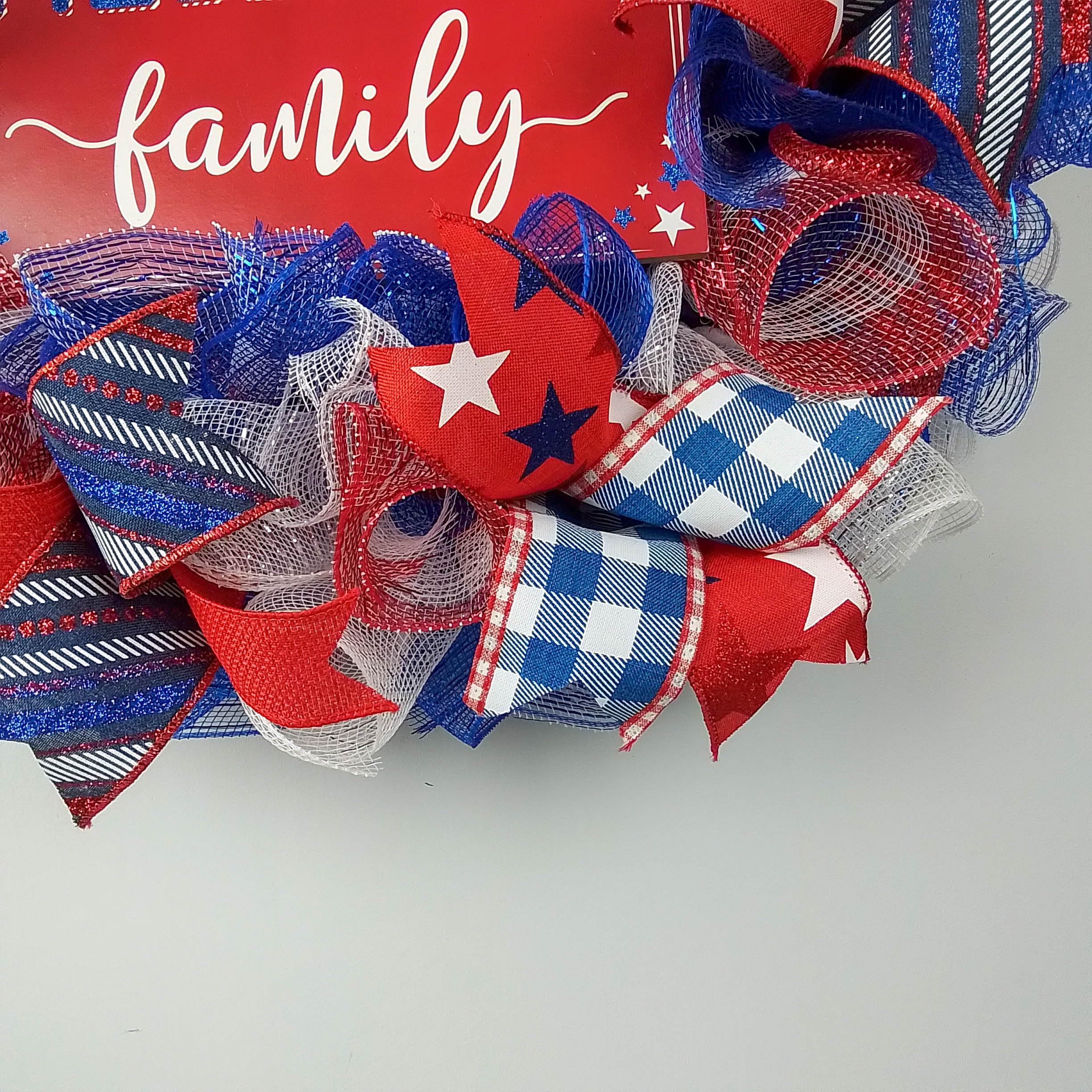 4th of July Wreath - Patriotic Red White & Blue American Flag Wreath for Front Door - Military Family Home Decor for Independence Day, Memorial Day & Veterans Day Celebrations