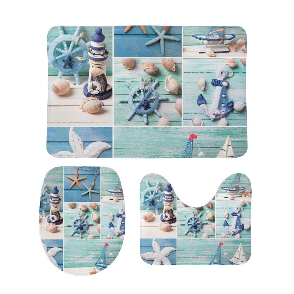 3 Piece Nautical Bathroom Rug Set - Non-Slip Anchor Starfish Sailboat Contour Mat & Toilet Lid Cover for Coastal Decor, Beach House Bathroom Accessories (Perfect for Guest Bathrooms & Seaside Themed Homes)