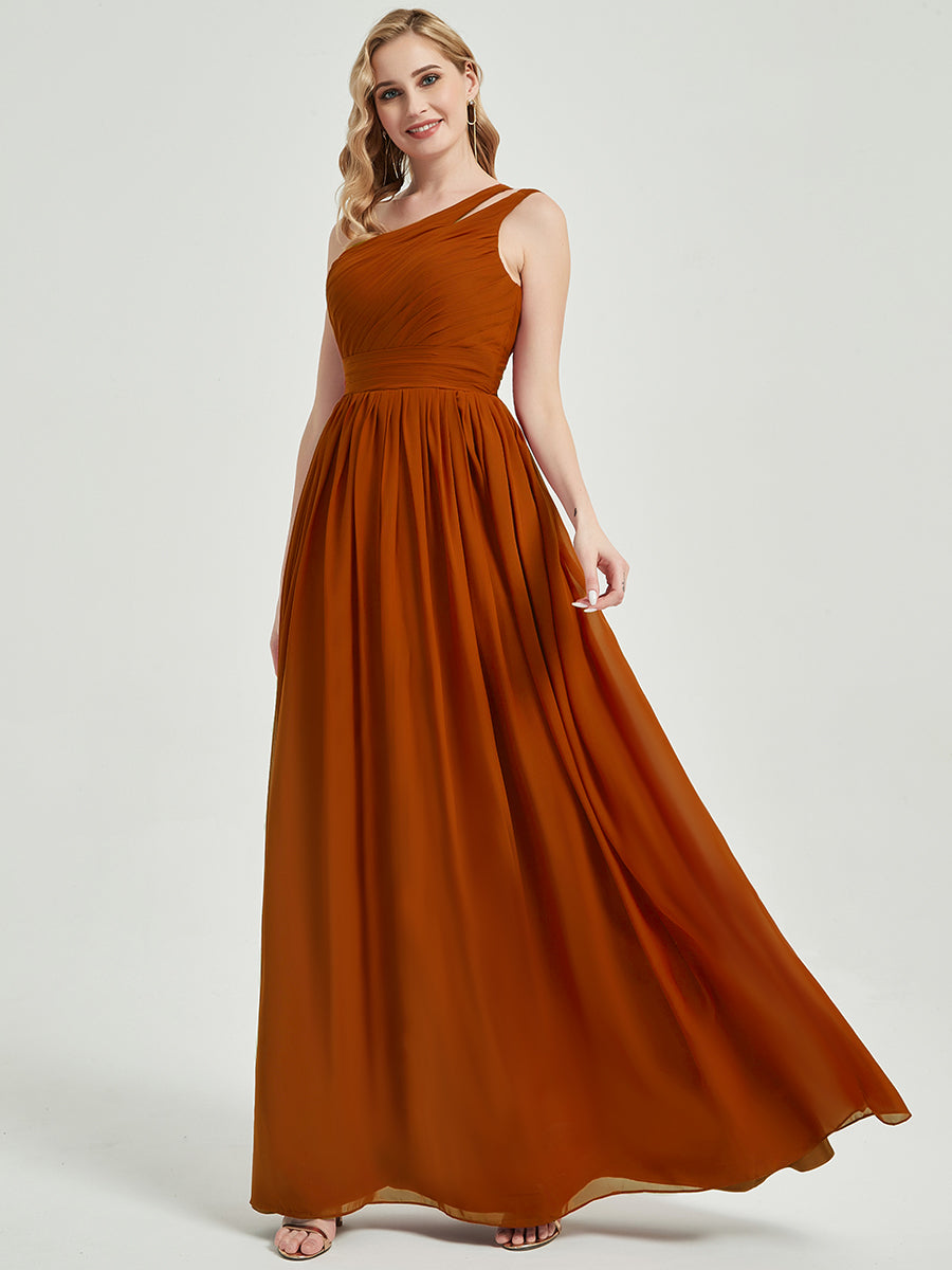 Elegant Burnt Orange One Shoulder A-Line Floor Length Chiffon Bridesmaid Dress for Weddings & Formal Events - Perfect for Evening Galas, Prom & Special Occasions