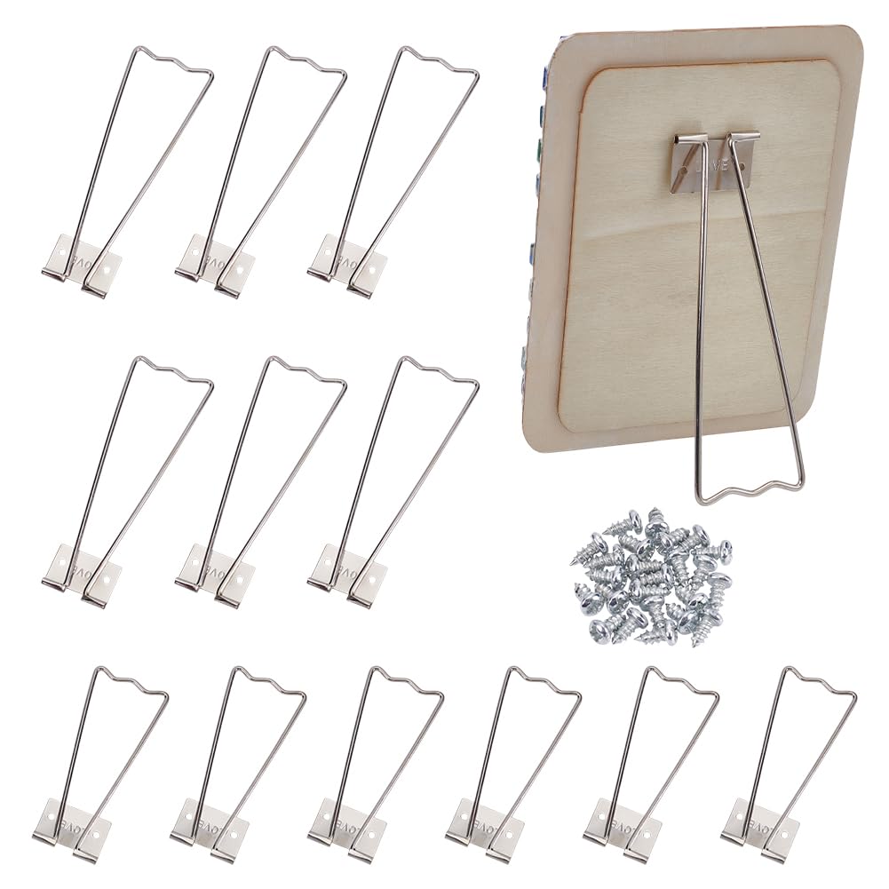 FINGERINSPIRE 12-Pack 2-Style Photo Frame Easel Stands - Iron Picture Frame Brackets with 24 Screws (Stainless Steel) - Perfect for Displaying Photos, Artwork, and Certificates at Home or Office