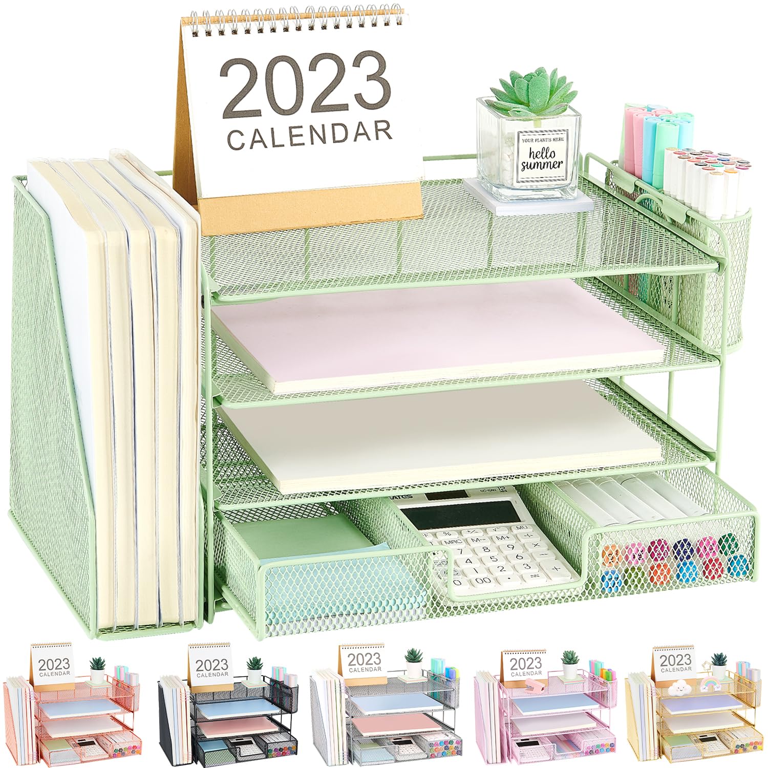 Green 4-Tier Desk Organizer Set with 2 Pen Holders & Drawer Storage - Office Supplies & Workspace Accessories for Paper, Files & Stationery - Perfect for Home Office, Study Desk & Workstation Organization