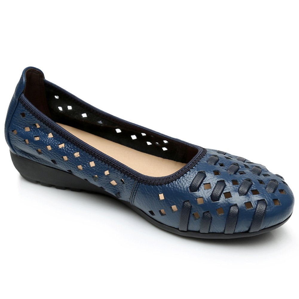 rismart Women's Hollow Comfort Slip-On Leather Ballet Flats - Breathable Lightweight Shoes for Work, Travel & Casual Wear