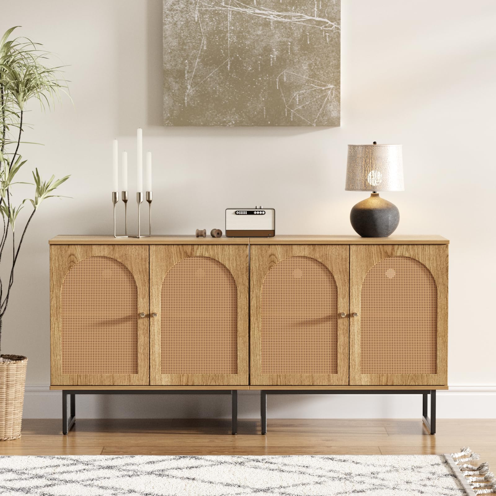 Rattan Sideboard Buffet Cabinet with Metal Legs - Boho Style Credenza for Living Room, Dining Room, Entryway - Natural Wood Buffet Storage Cabinet Set of 2 - Perfect for Home Decor, Entertaining & Organizing Dishes