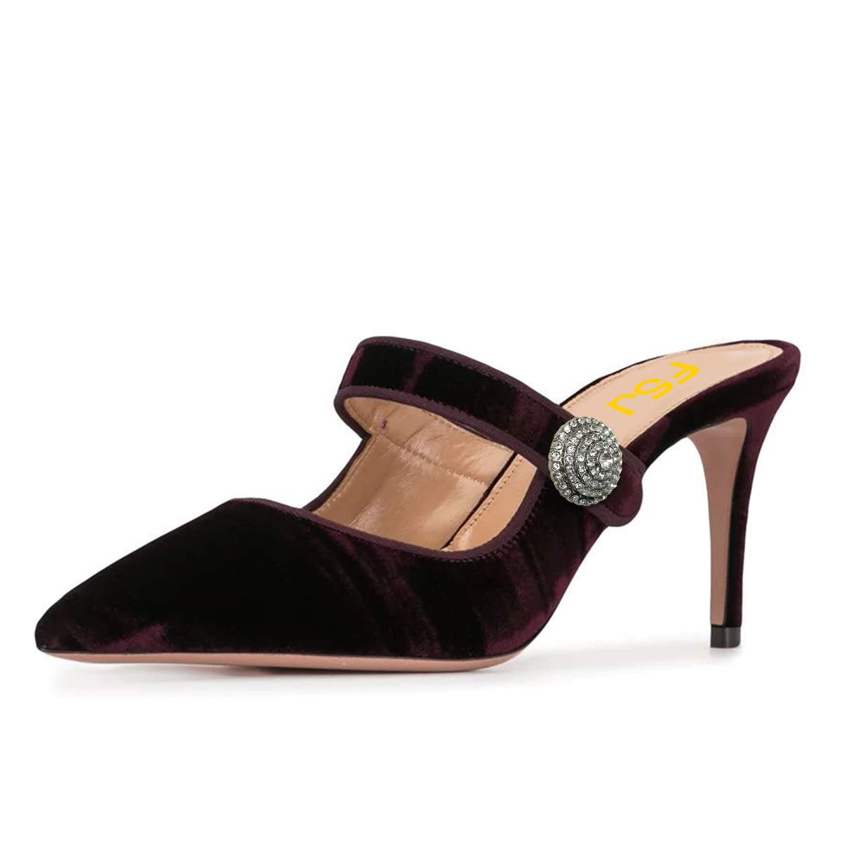 FSJ Women's Vintage Velvet Mules - Pointed Toe High Heel Slip-On Slippers with Rhinestone Studded Ankle Strap, Backless Dress Sandals (US Size 4-15) - Perfect for Parties, Weddings & Evening Events