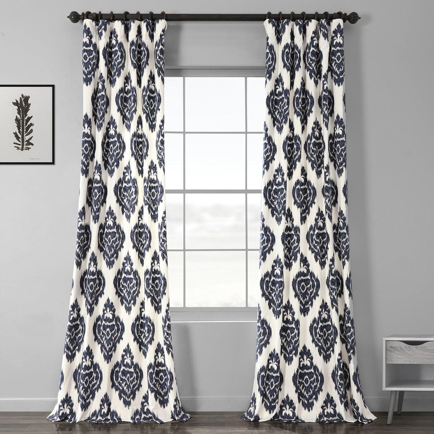 Blue Ikat Damask Printed Cotton Blackout Curtains for Bedroom & Living Room - Light Blocking Window Drapes for Home Decor