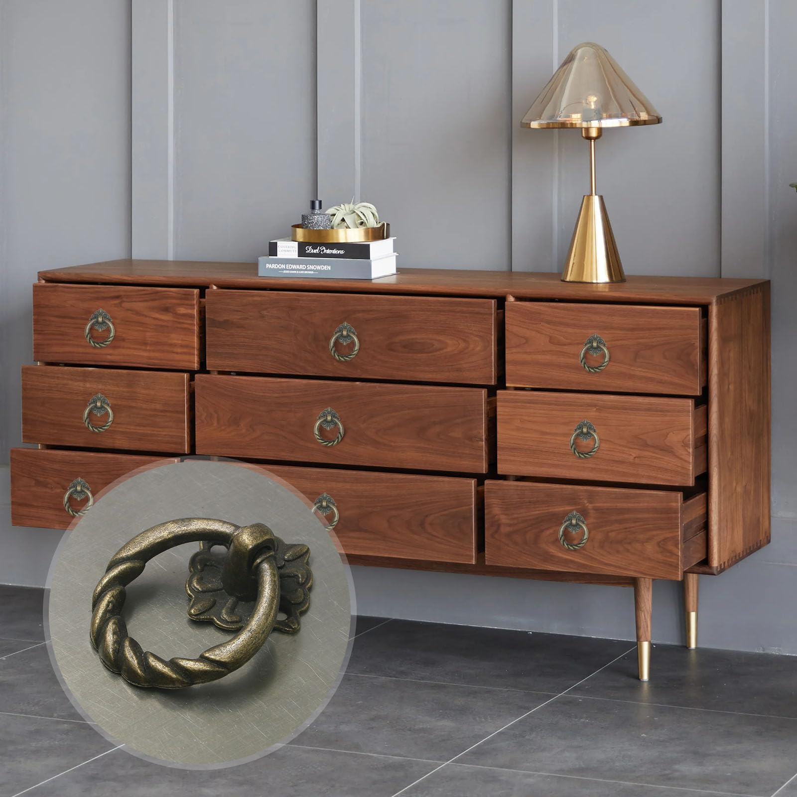 6-Piece Bronze Flower Drop Ring Drawer Pulls - Vintage Cabinet Handles & Metal Drawer Knobs for Dresser, Cupboard, Wardrobe - Perfect for Bedroom Furniture & Kitchen Cabinets Renovation