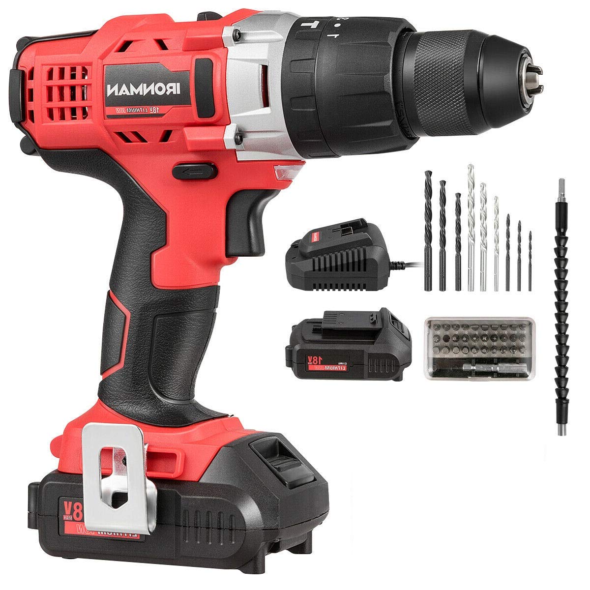 18V Cordless Drill Driver Impact Tool Kit with 1/2