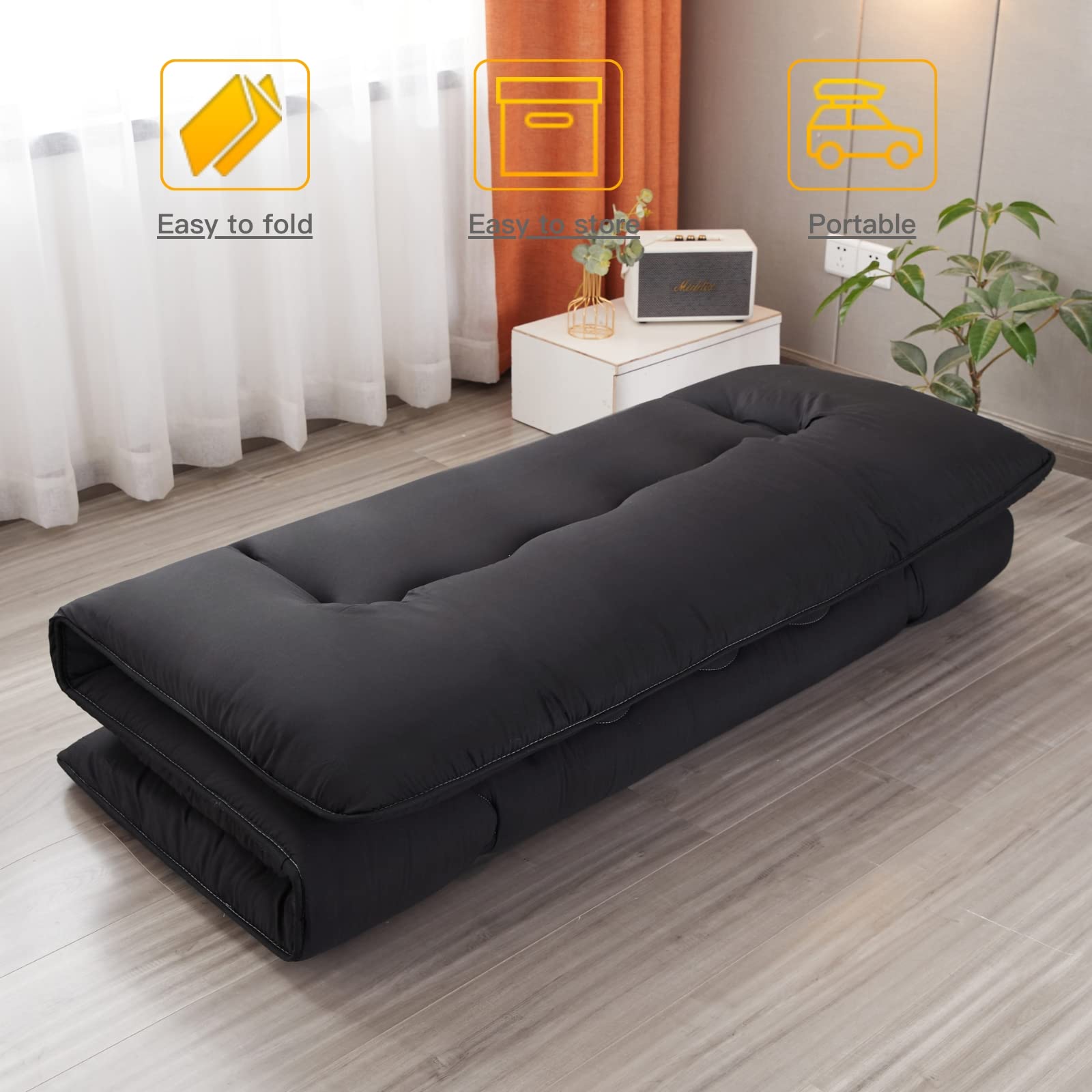 Japanese Floor Futon Mattress - Thick Foldable Tatami Sleeping Pad for Kids & Adults, Washable Cover - Black Queen Size for Dorm, Bedroom, or Guest Room