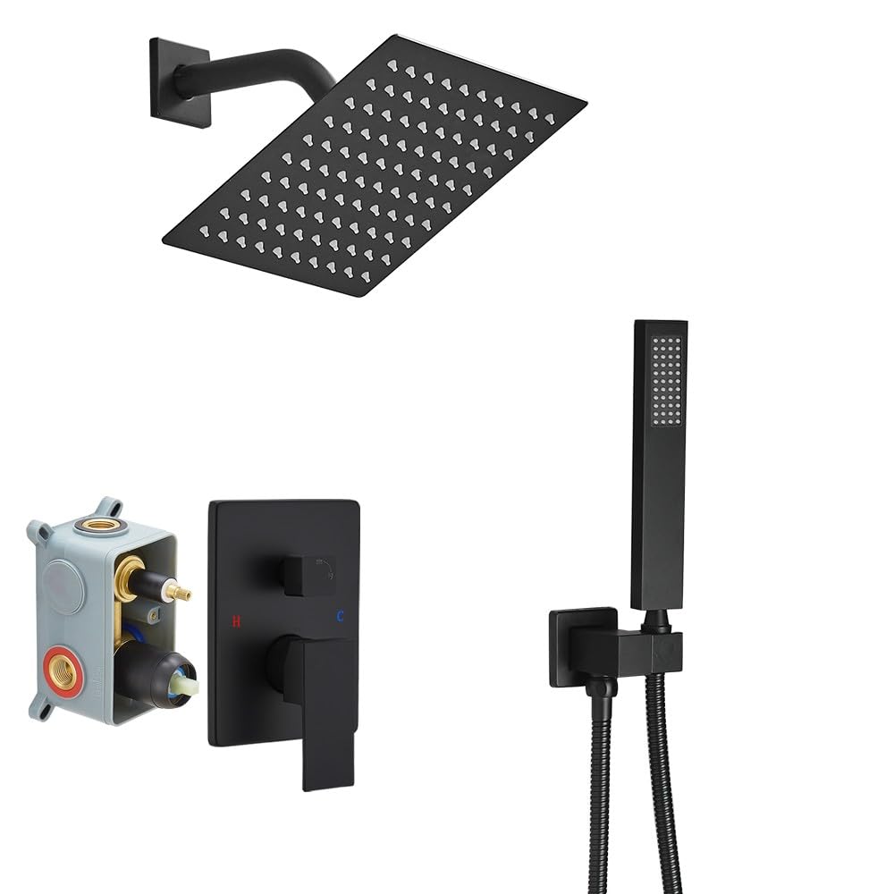 Premium Matte Black Shower System - 8 Inch Rainfall Shower Head with Wall Mounted Faucet Set, Rough-in Valve & Trim Kit | Modern Bathroom Upgrade for Spa-Like Experience