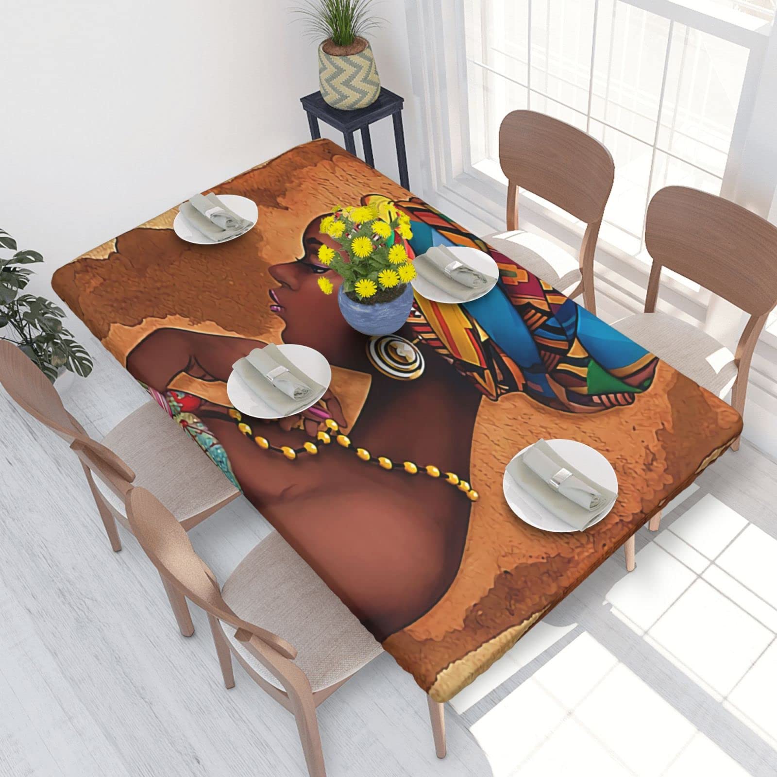 African Print Tablecloth 48x30 Inches - Black Woman Design Rectangle Table Cover for Dining Room, Kitchen & Parties - Washable Decorative Fabric for Home Decor