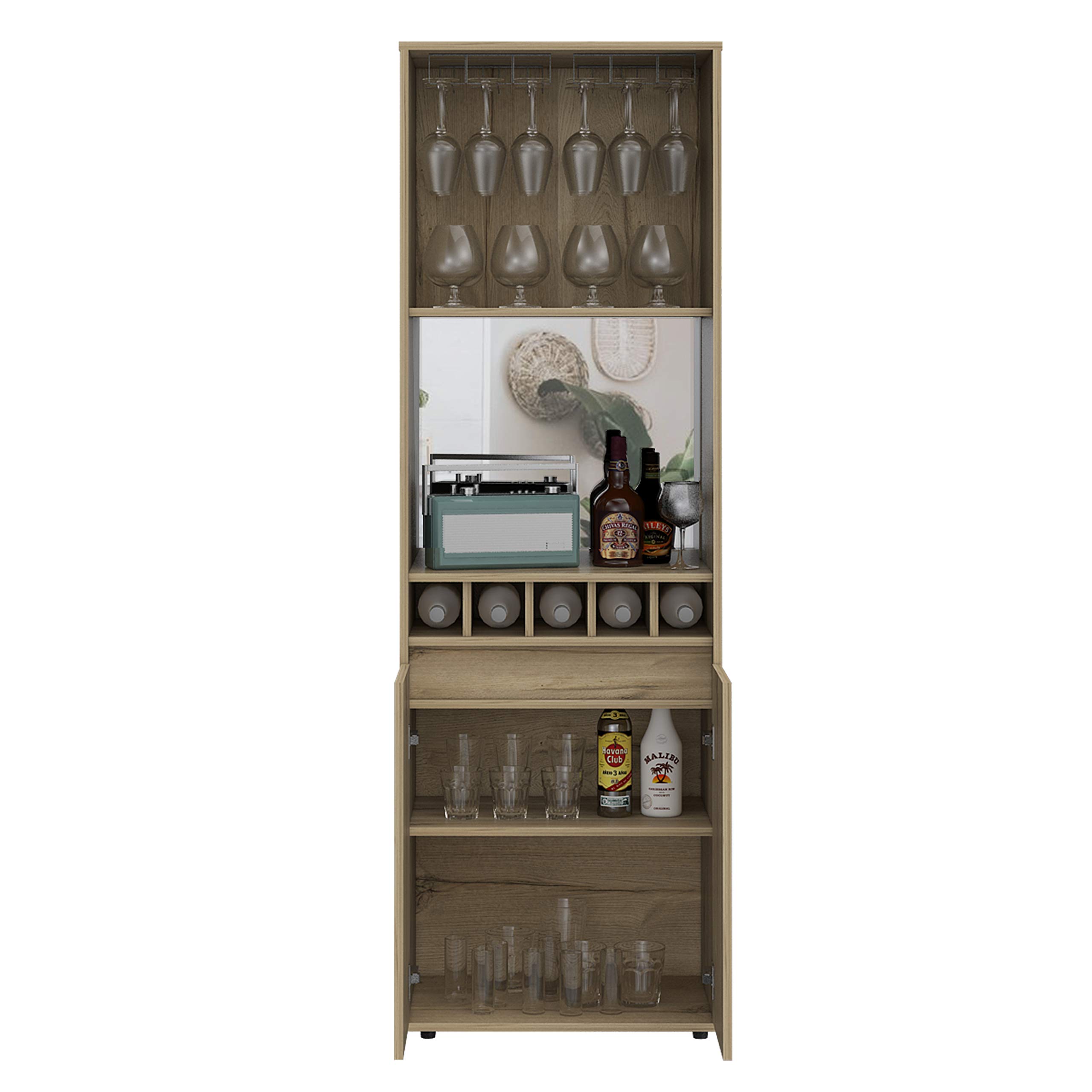 Redding Bar Cabinet with 2 Open Shelves & Double Doors - Light Oak Storage for Wine Bottles, Glassware & Liquor - Perfect for Home Bar, Dining Room or Entertainment Area