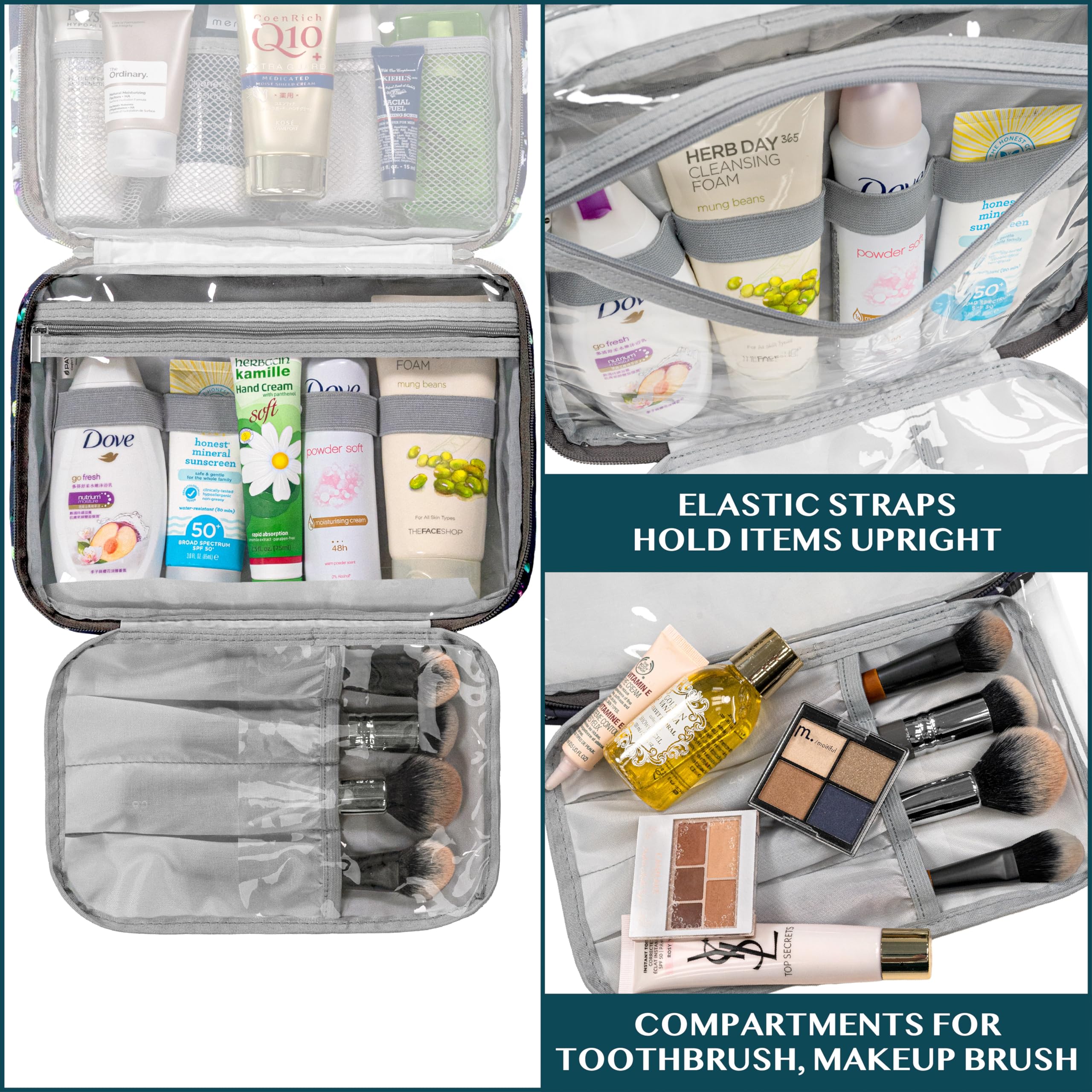 PAVILIA Hanging Toiletry Bag for Women & Men - Foldable Water-Resistant Cosmetic Organizer, Large Travel Makeup Bag with Multiple Pockets - Perfect for Camping, Gym, Business Trips & Vacation Essentials (Grey Floral)