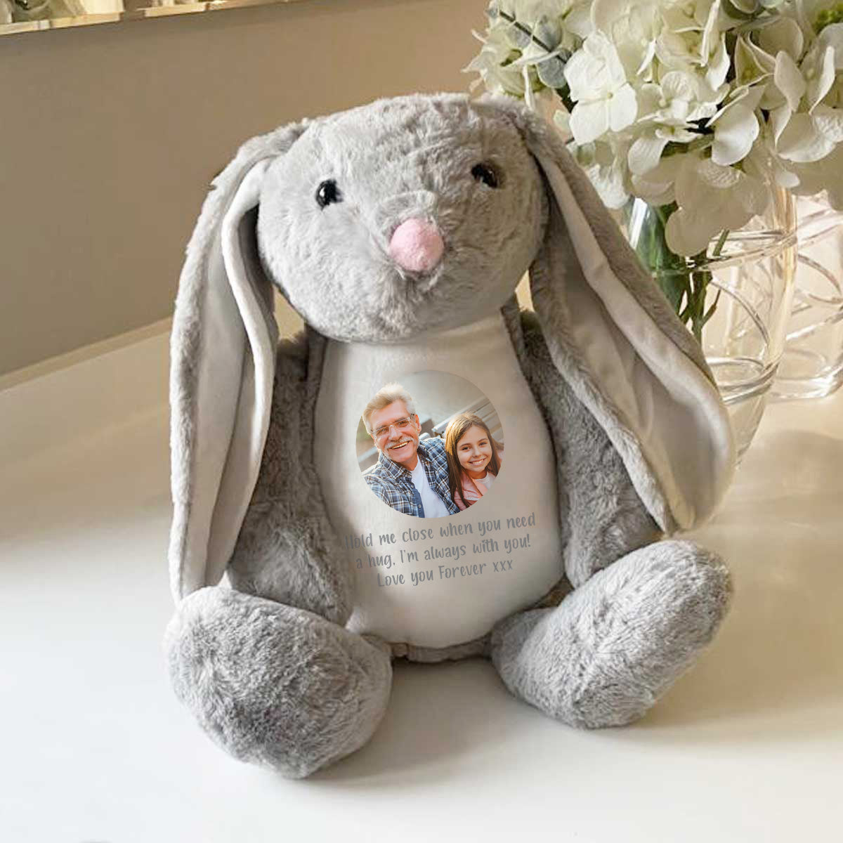 Personalized Photo Comfort Keepsake Bunny Plush Toy - Grey - Perfect for Baby Showers, Nursery Decor & Memorial Gifts