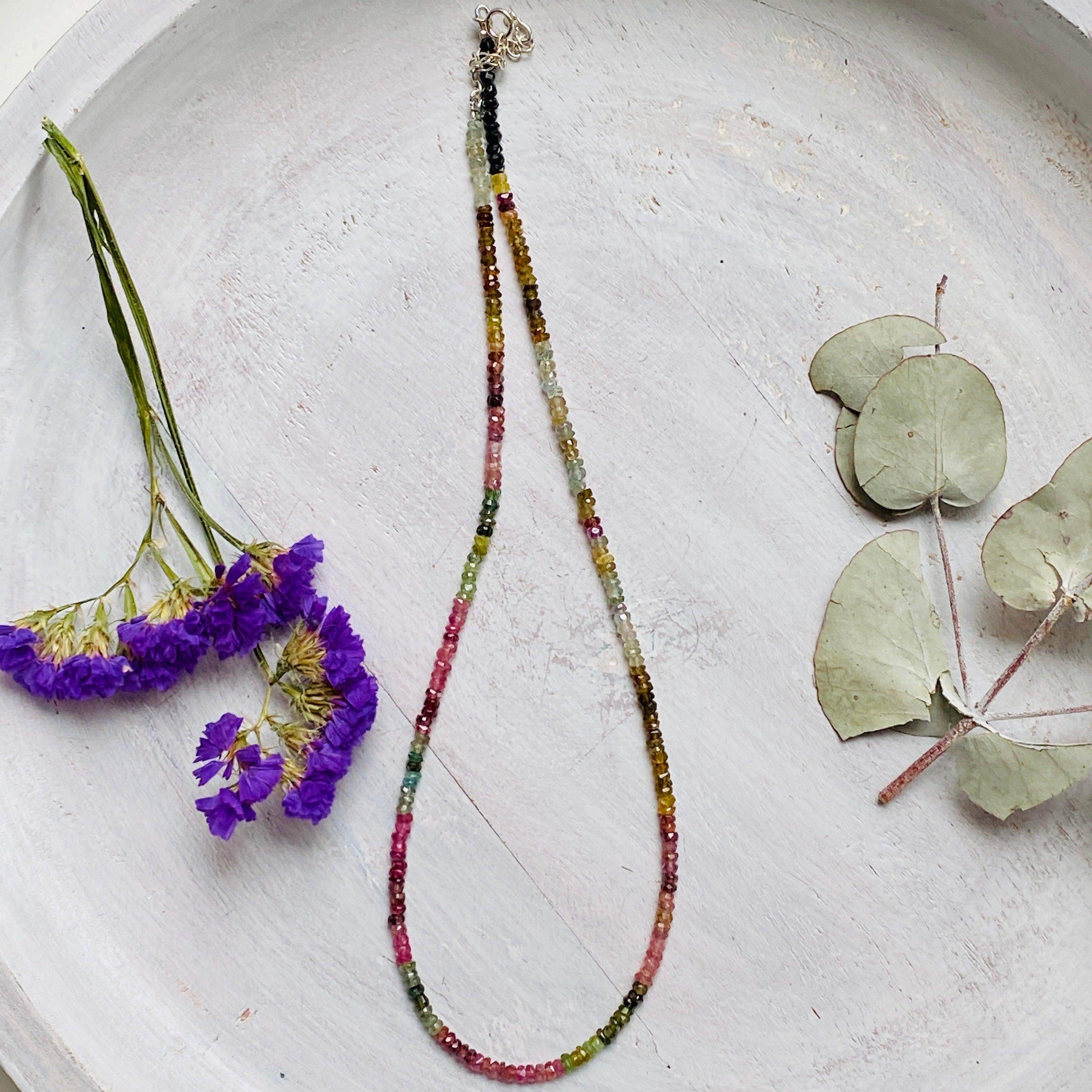 Micro Bead Necklace with Tourmaline Stones - Mixed Colors for Yoga, Meditation & Boho Fashion