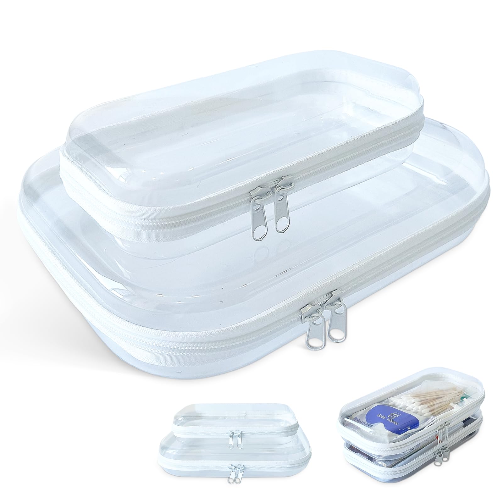 Clear Zipper Storage Case - 2 Pack Hard Plastic Travel Organizer for Snacks, Jewelry & Small Accessories | Portable Waterproof Pouch for Travel, Office & Home Organization